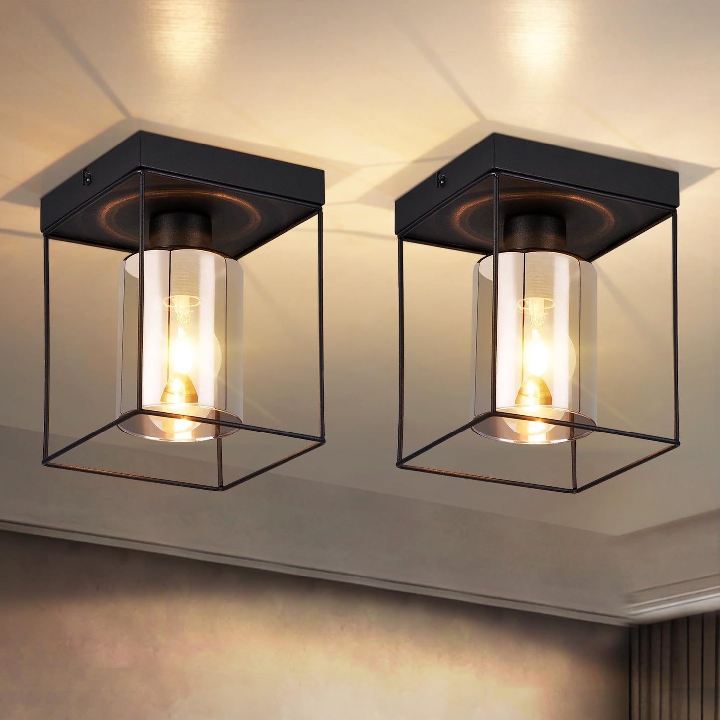 CBJKTX Ceiling Light Living Room Ceiling Light Glass - 4 Bulbs E27 Vintage Black Dining Room Lamp Industrial Style Metal Ceiling Retro Living Room Lamp for Bedroom Dining Room Kitchen (Light Bulb Not