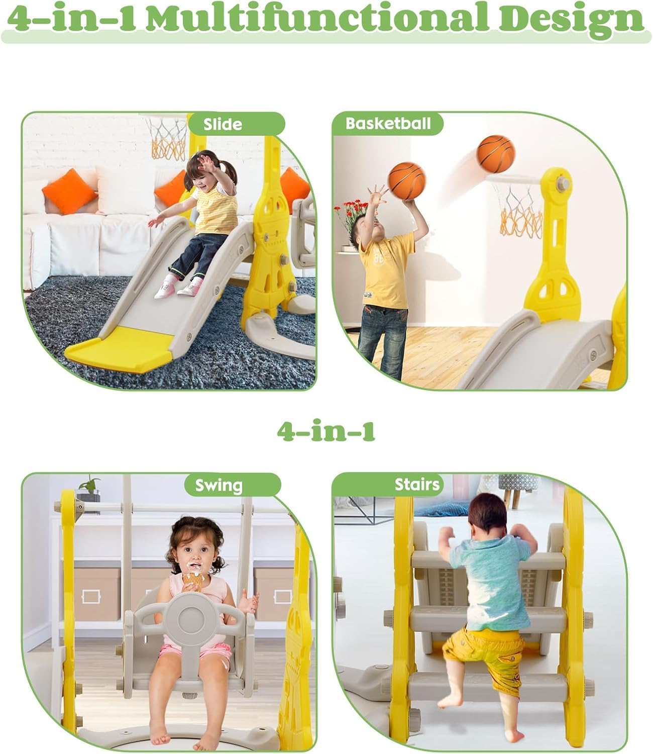 Children's Slide, 4-in-1 Indoor & Outdoor Slide, Freestanding Slide with Basketball Hoop & Height-Adjustable Swing, Garden Slide, Children's Playground, Yellow