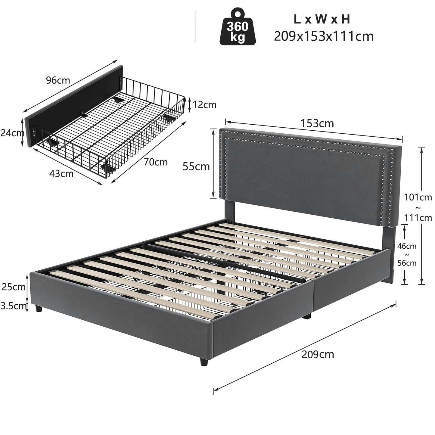 VECELO Upholstered Double Bed 140 x 200 cm with 4 Storage Drawers, Double Bed Frame with Height-Adjustable Headboard and Storage Box, Bed with Storage Space and Slatted Frame, Mattress Not Included