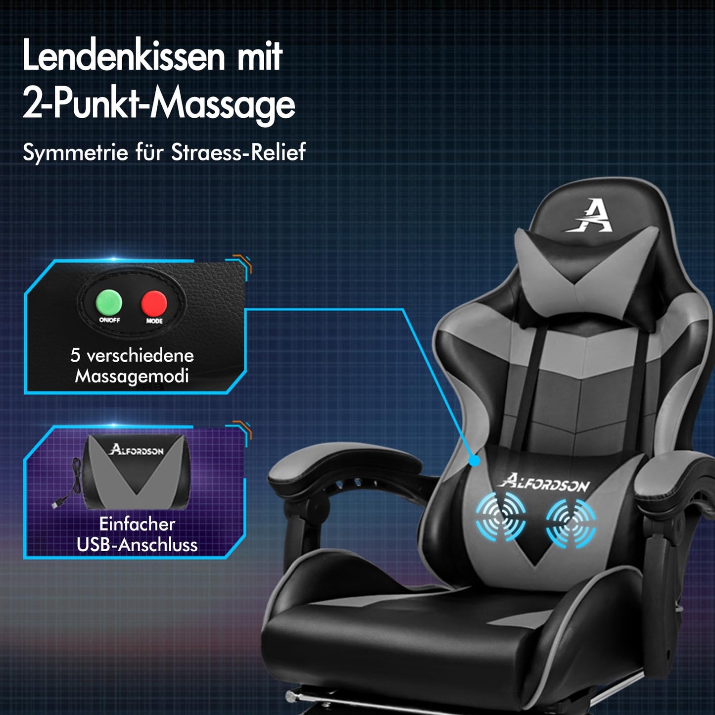 ALFORDSON Videospielstuhl, ergonomischer Bürostuhl, Massage-Rennstuhl, einziehbare Fußstütze, PU-Leder, höhenverstellbar und neigbar, 180 kg Tragkraft, Schwarz