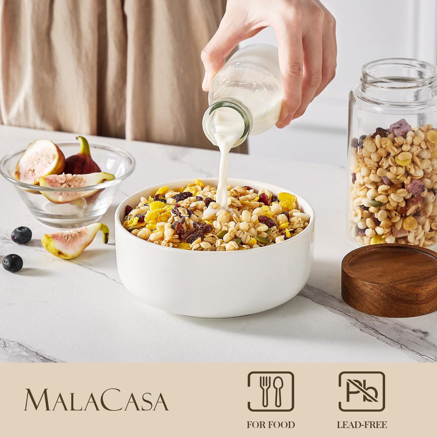 MALACASA Geschirrset 6 Personen, LUNA 24-tlg Tafelservice aus Weißem Porzellan, Modernes Geschirr Set mit je 6 Speiseteller, Dessertteller, Suppenteller und Müslischalen