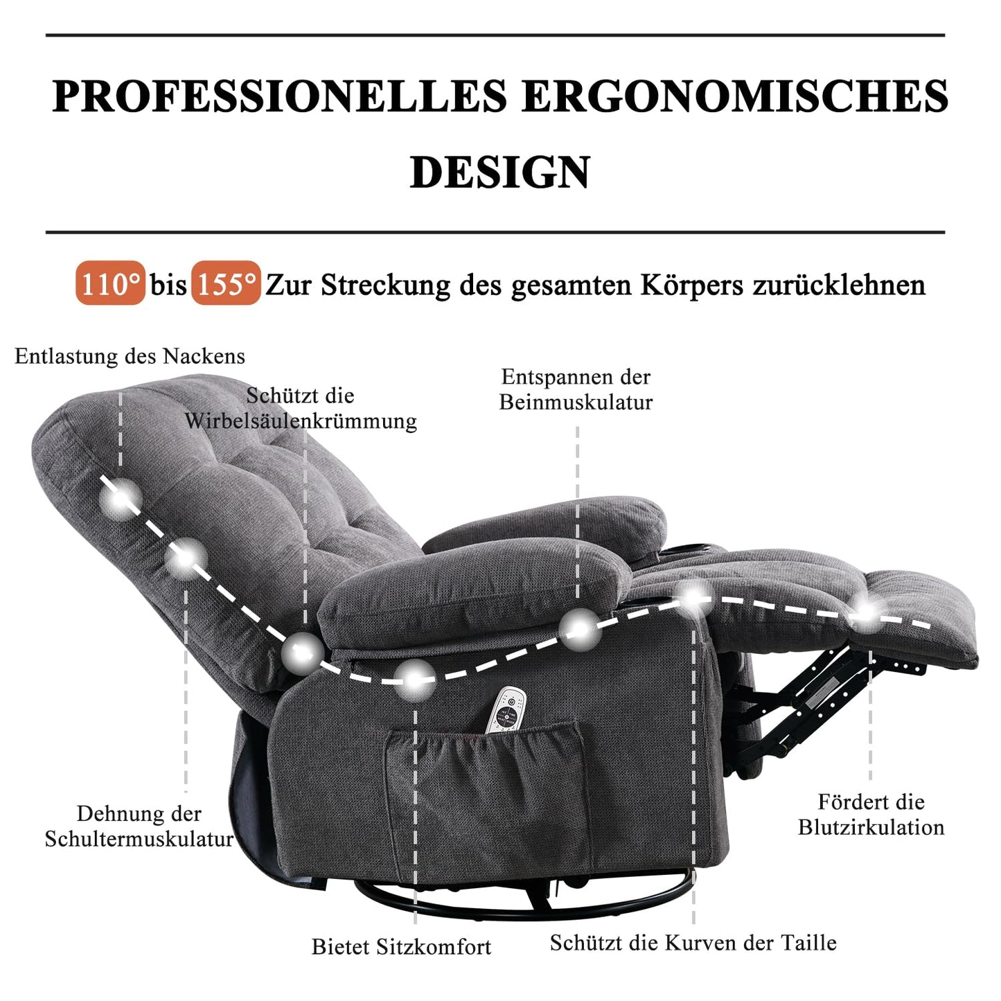 Bosmiller Relaxsessel mit Liegefunktion Massagesessel Oversize Fernsehsessel 360°Drehbarer Liegesessel Heizung Verstellbar Sessel Stoff