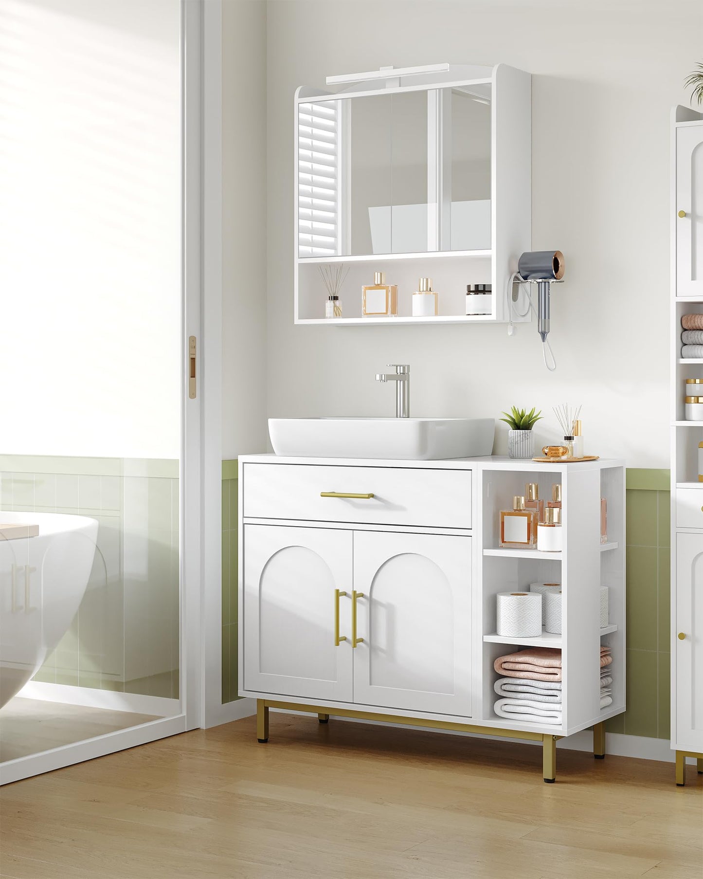 Hzuaneri BC28813G Bathroom Cabinet 1 Drawer 2 Cabinet Doors Open Compartment with 3 Levels Adjustable Shelf White 30 x 80 x 64 cm