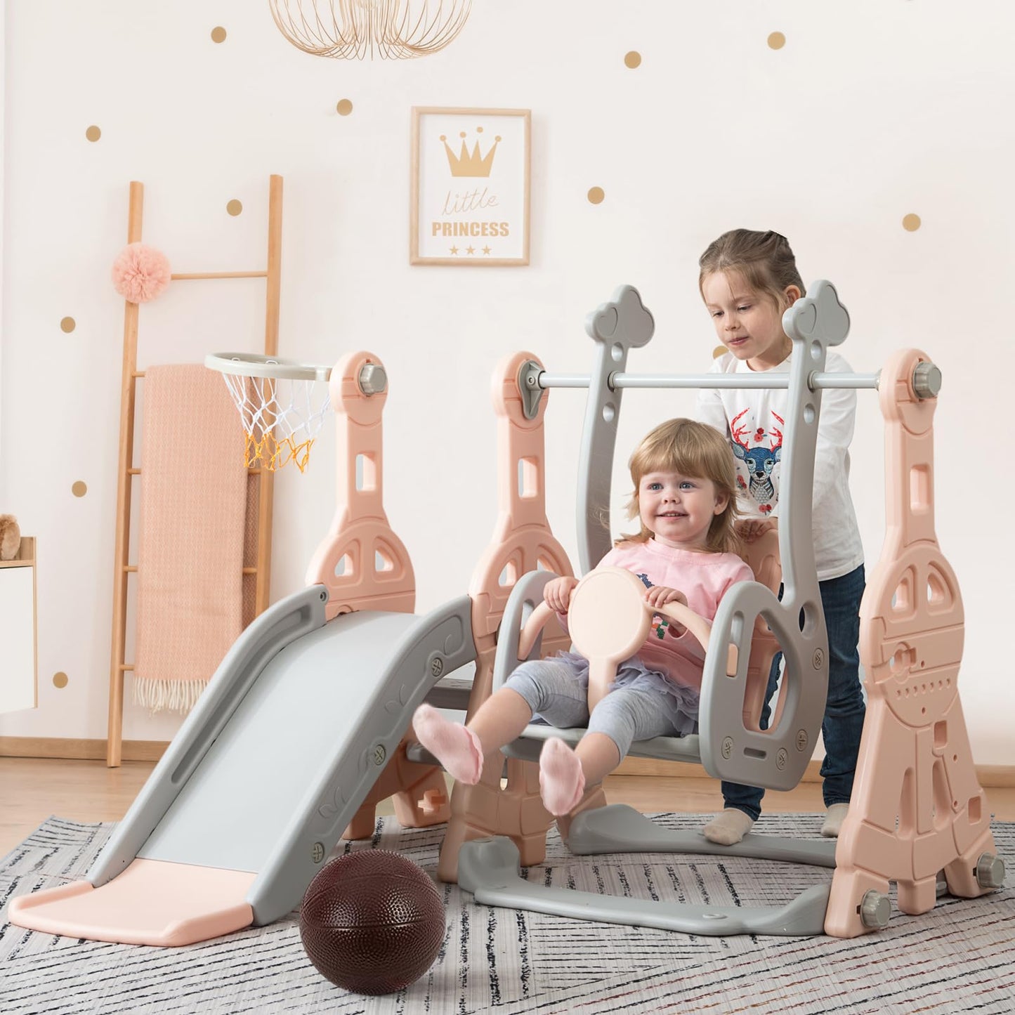 BestAlice 4 in 1 Kinderrutsche Set für Outdoor und Innen, Spielplatz mit Schaukel, Basketballkorb, Kletterleiter, Indoor- und Outdoor-Spielset, 18 Monate + (Blau)