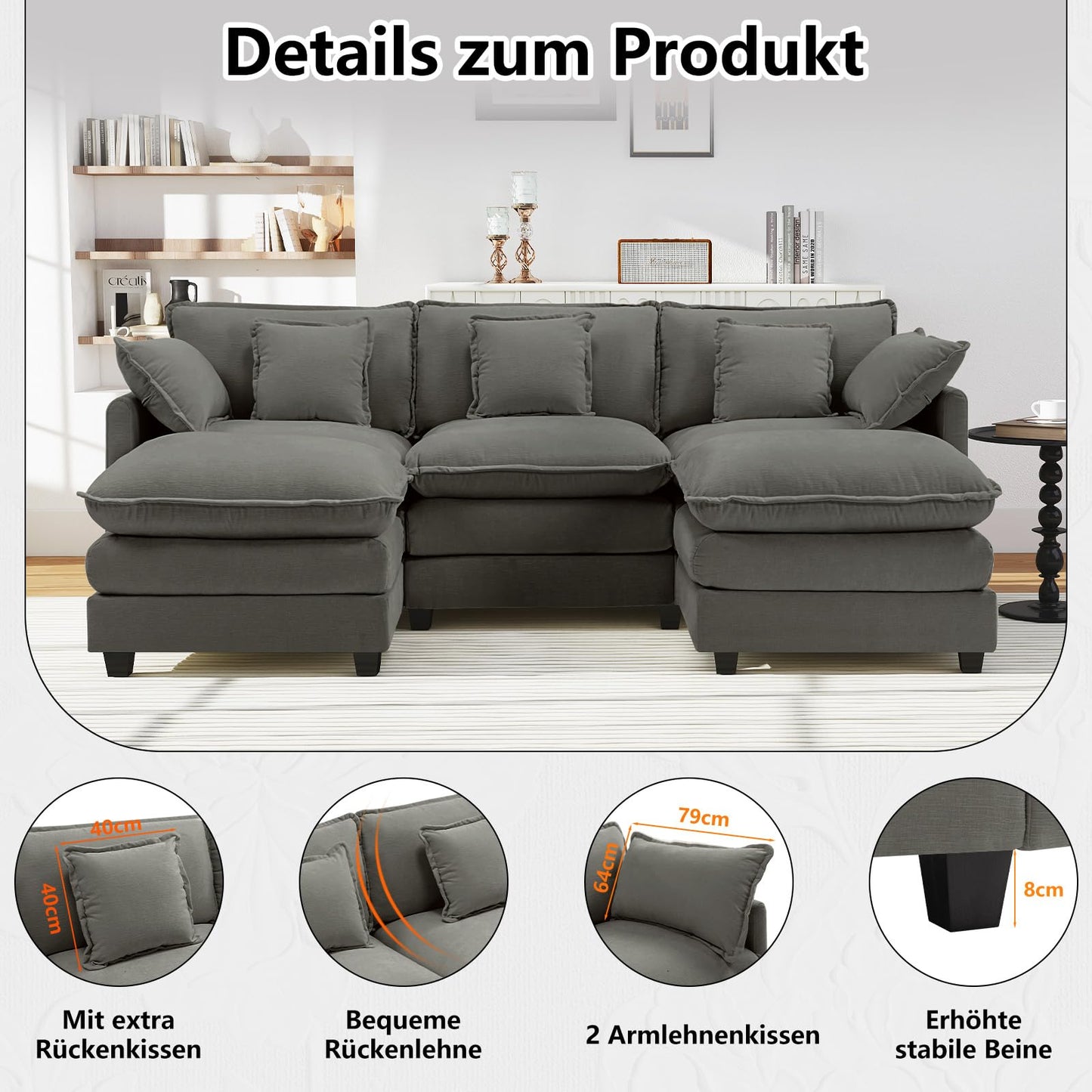Urhanherry U-Shape Cloud Sofa, Modular Sectional Sofa, 6-Seater with 2 Ottomans, Modern Sofa with Decorative Cushions/Armrests, Breathable Chenille Fabric, U Sofa Couch for Living Room, Beige