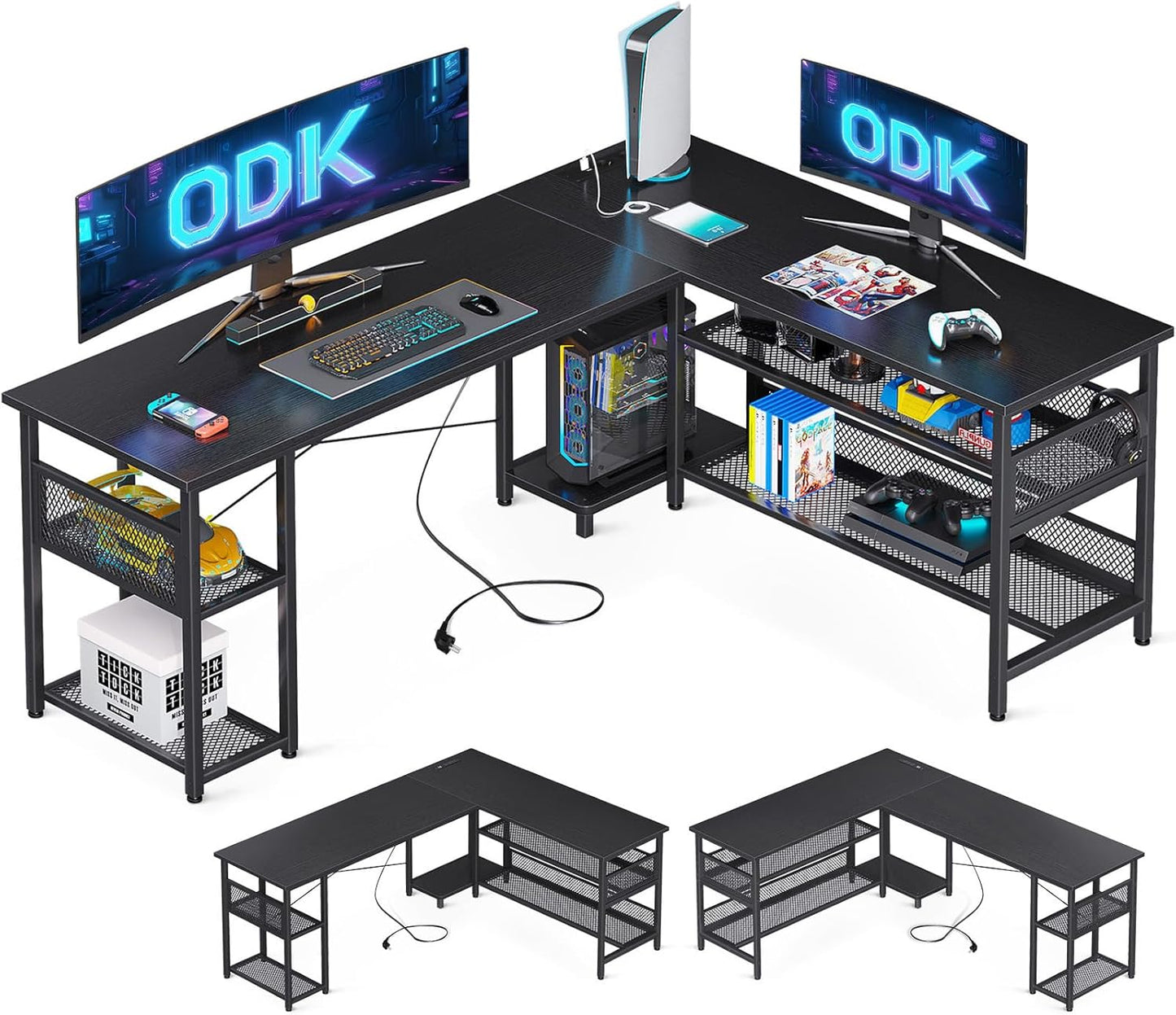 ODK Gaming Tisch, Reversibel Gaming Schreibtisch mit 2 Steckdosen und 2 USB Ladeanschluss, Eckschreibtisch für Office und Gaming, Weiß, 150×102cm