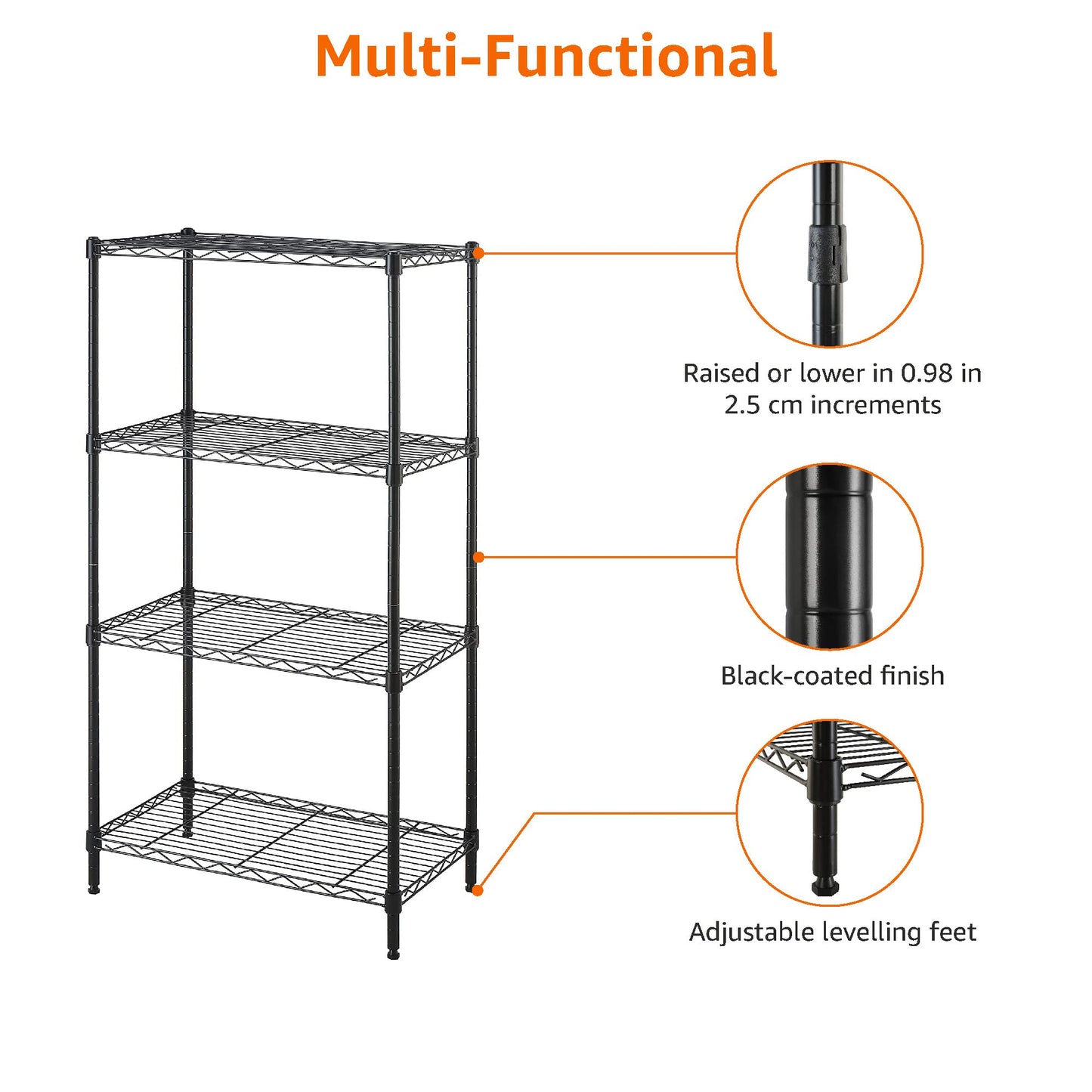 Amazon Basics Narrow Storage Unit with 4 Shelves, Height Adjustable Shelves and Leveling Feet, Maximum Weight 363 kg, Black, 34 cm D x 58.9 cm W x 121.9 cm H