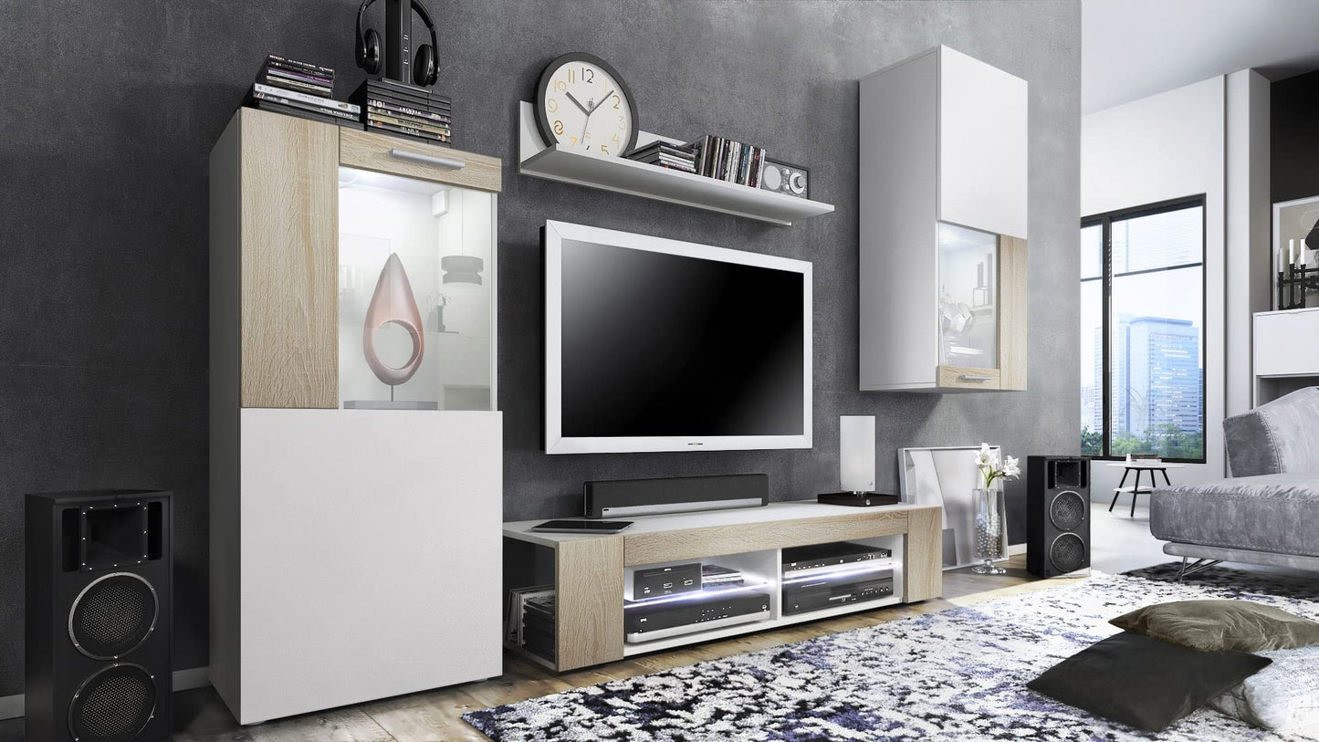 Vladon Wohnwand Movie, Anbauwand bestehend aus 1 TV-Board, 2 Vitrinen und 1 Regal, Weiß matt/Weiß matt/Weiß Hochglanz (Gesamt: 300 x 190 x 39 cm)
