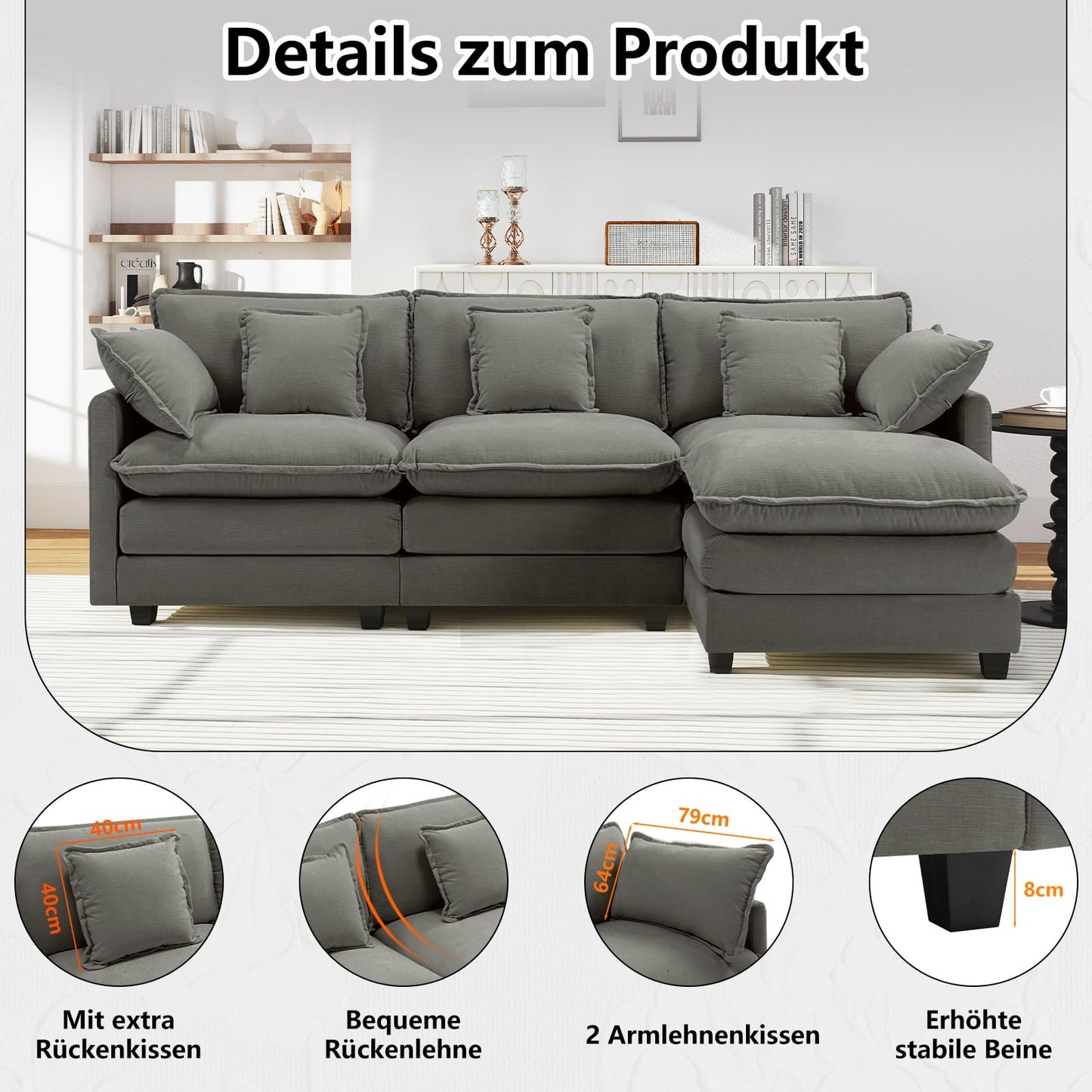 Urhanherry U-Shape Cloud Sofa, Modular Sectional Sofa, 6-Seater with 2 Ottomans, Modern Sofa with Decorative Cushions/Armrests, Breathable Chenille Fabric, U Sofa Couch for Living Room, Beige