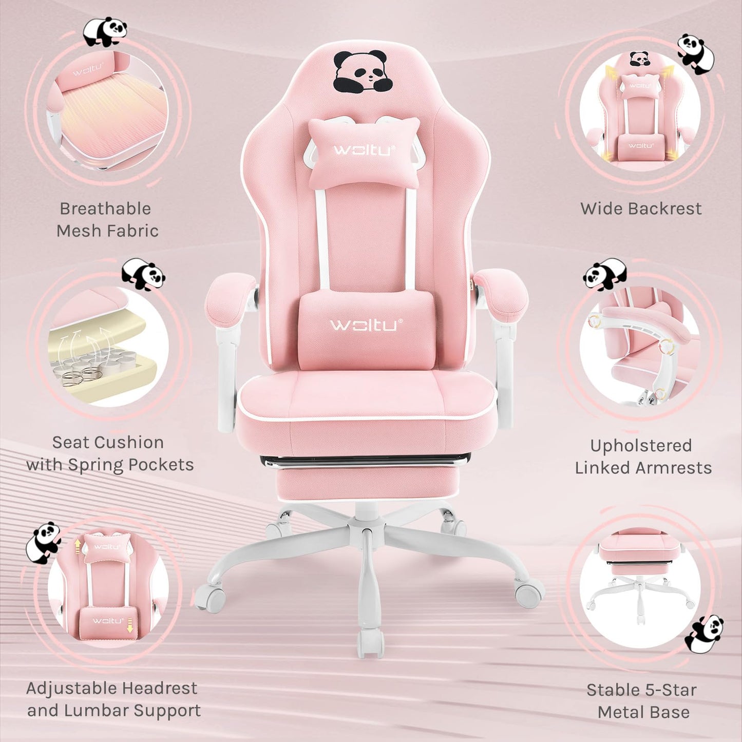 WOLTU Gaming Chair with Pocket Spring Cushion, 150 kg Weight Capacity, Ergonomic Swivel Chair, with Pillow, Lumbar Cushion, Footrest, Mesh, Pink, GS16rs