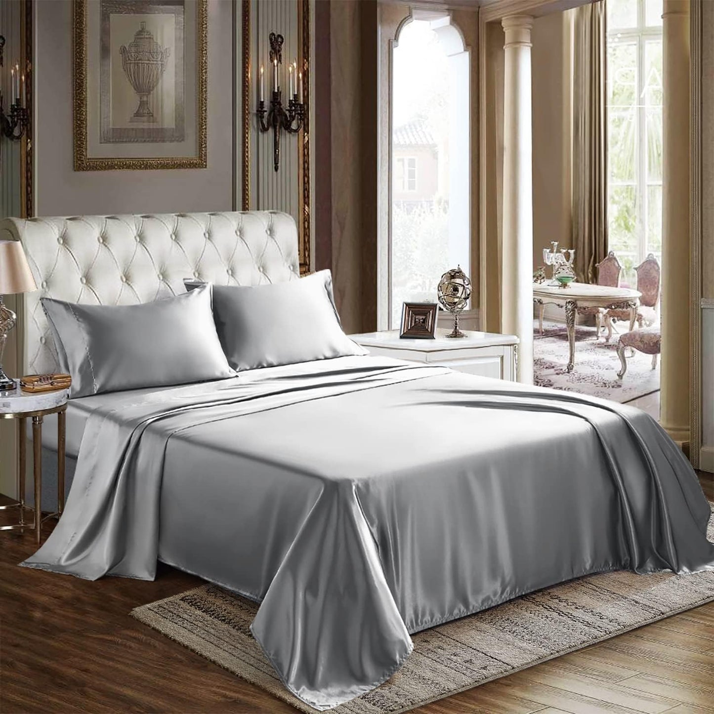 CozyLux Satin Sheets Queen Size - 4 Piece Black Bed Sheet Set with Silky Microfiber, 1 Deep Pocket Fitted Sheet, 1 Flat Sheet, and 2 Pillowcases - Smooth and Soft