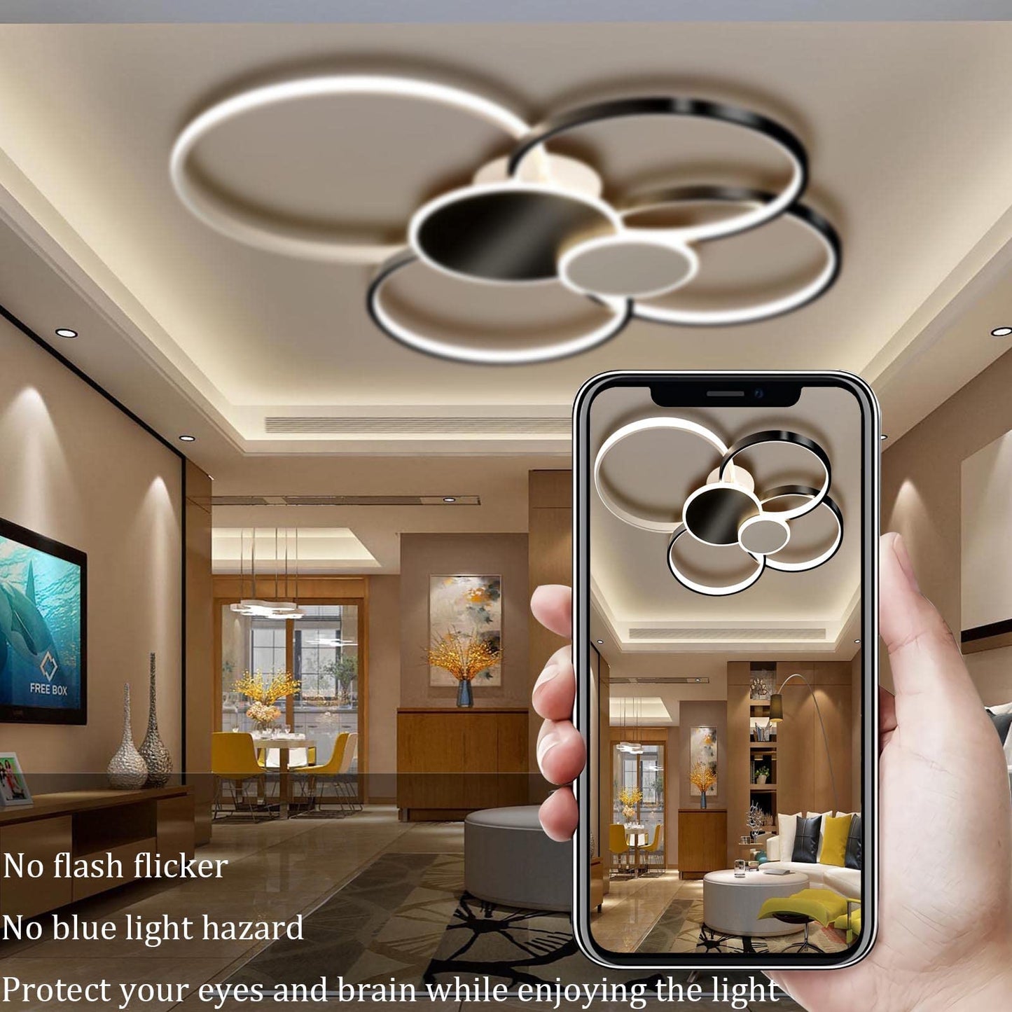 WERSVG L80cm Modern LED Deckenleuchte Wohnzimmer Deckenlampe gold 6-Ring Deckenleuchte 70W 5600LM Dimmbar 3500K - 6500KMit Fernbedienung flurlampe decke, für Wohnzimmer Schlafzimmer Küche Esszimmer