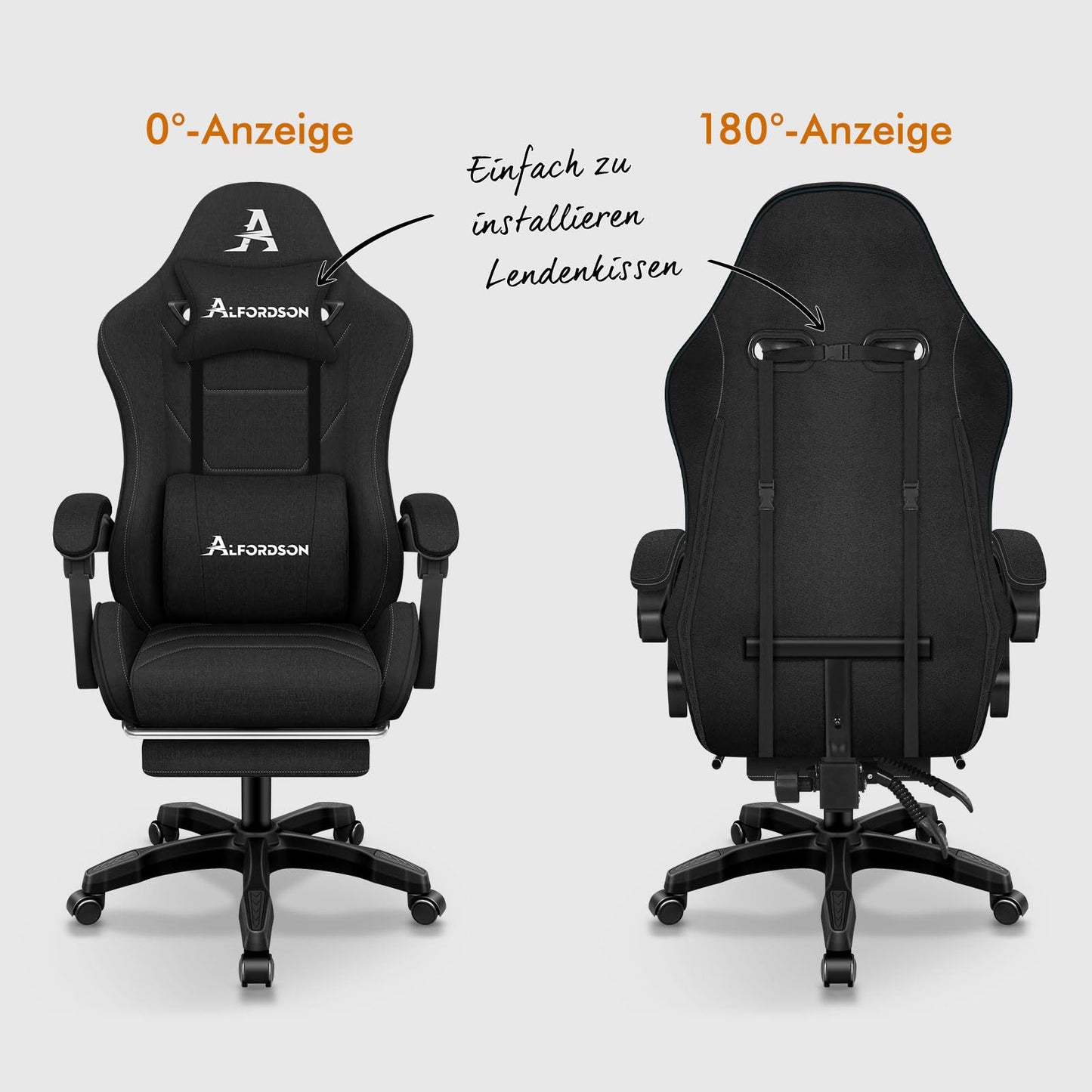 ALFORDSON Gaming-Stuhl mit Massage-Lendenwirbelkissen, ergonomischer Gamer-Racer-Stuhl mit Verstellbarer Rückenlehne, Drehstuhl mit Fußstütze, höhenverstellbar, Schwarz