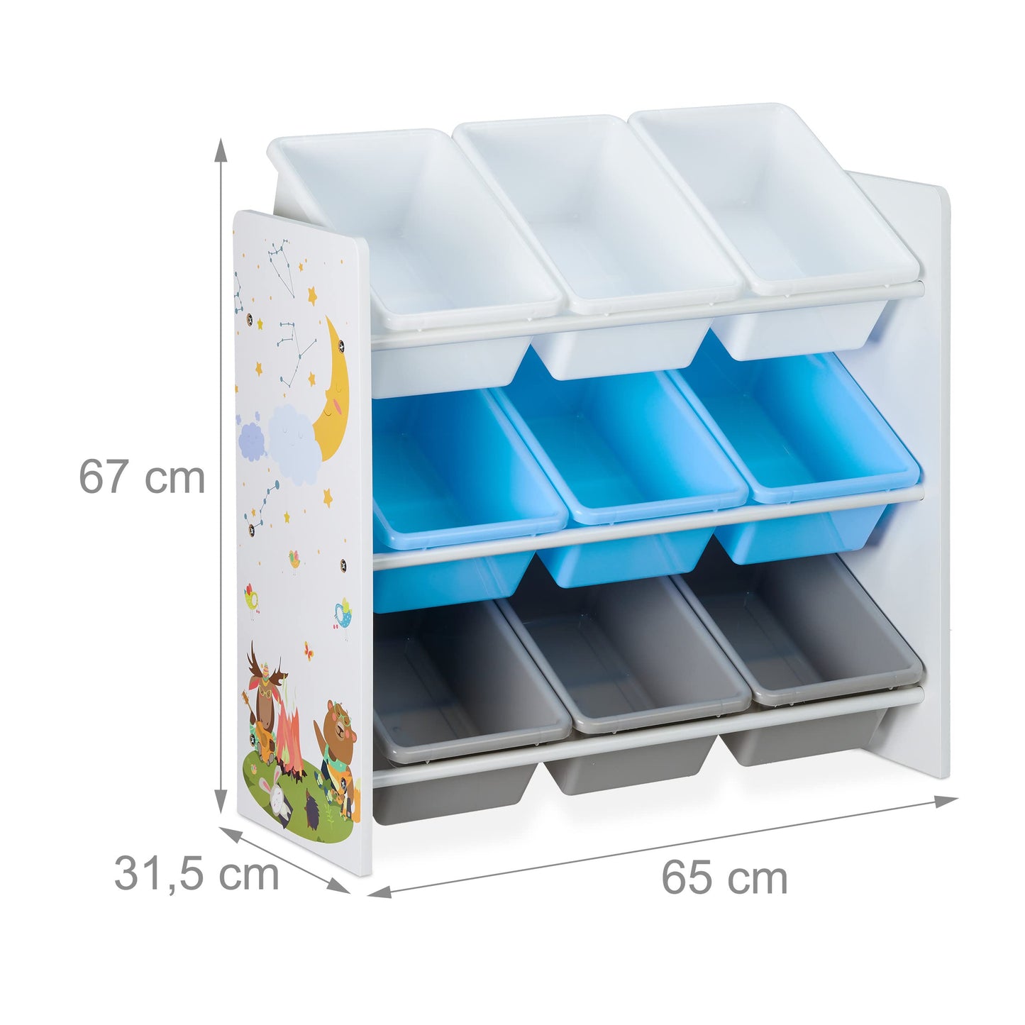 Relaxdays Kinderregal, 9 Aufbewahrungsboxen, Lagerfeuer Motiv, MDF, Kunststoff, Spielzeugregal HBT: 67x65x31,5 cm, bunt