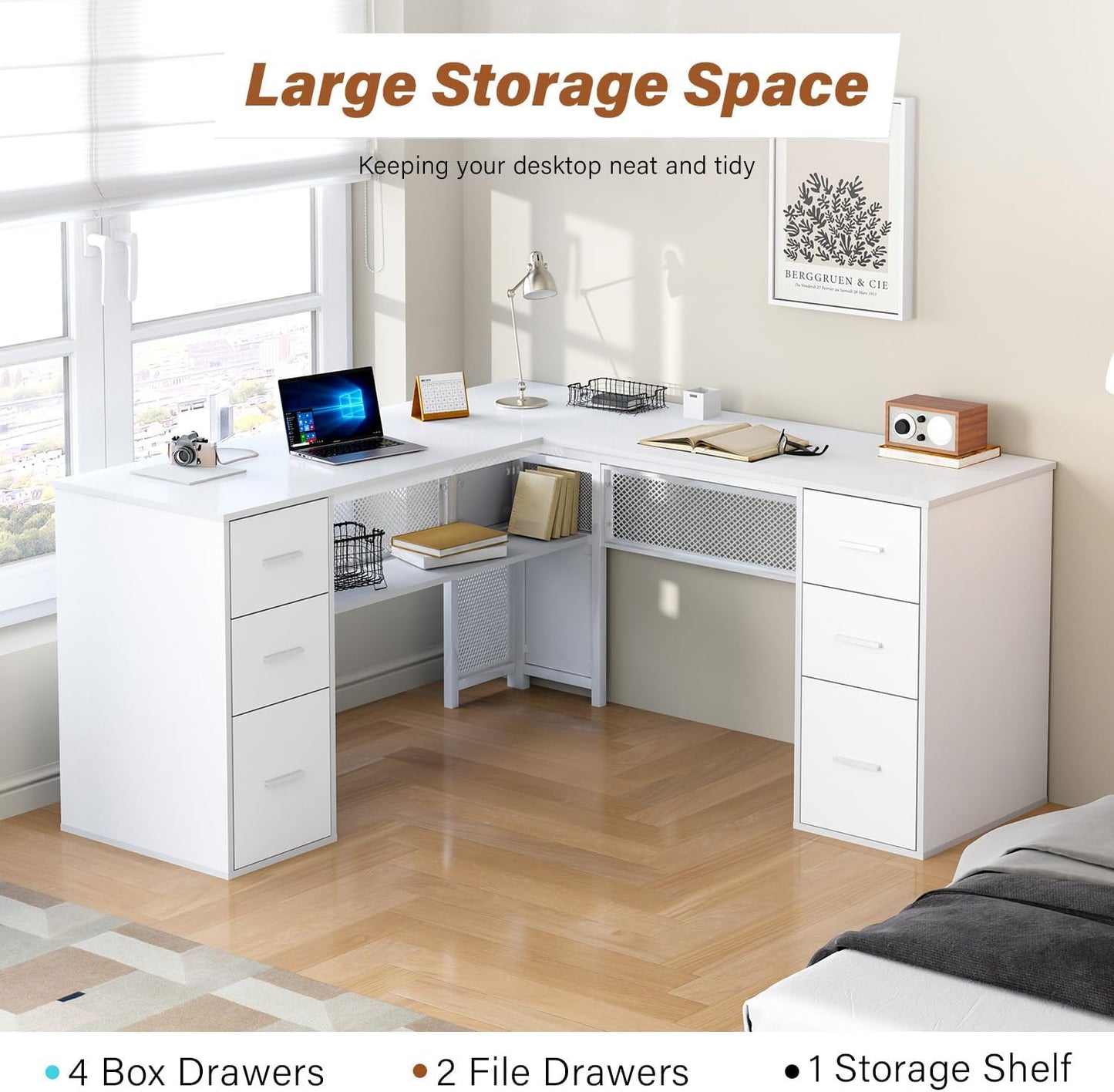 HSH - Black L Shape Corner Desk with Filing Drawers and Shelves, Reversible Corner Desk Made of Metal and Wood with Storage Cabinets