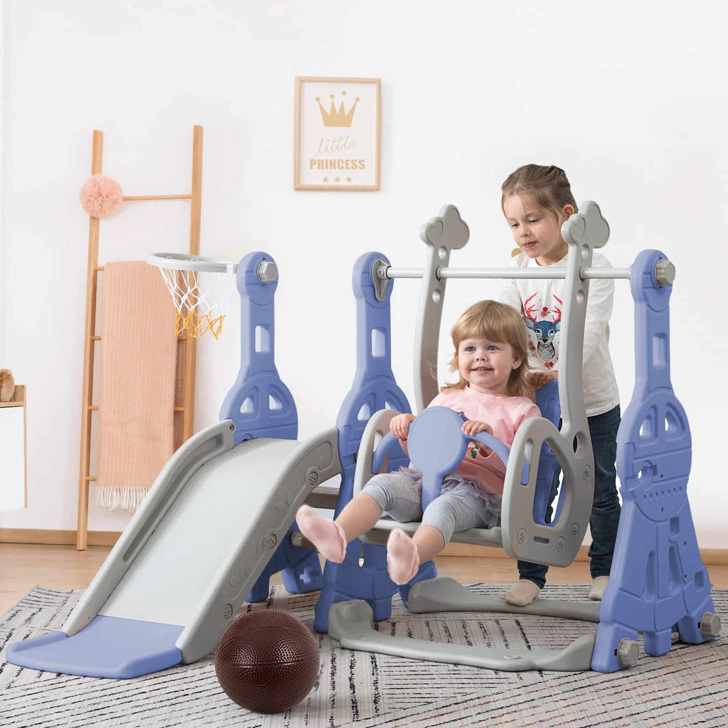 BestAlice 4 in 1 Kinderrutsche Set für Outdoor und Innen, Spielplatz mit Schaukel, Basketballkorb, Kletterleiter, Indoor- und Outdoor-Spielset, 18 Monate + (Blau)