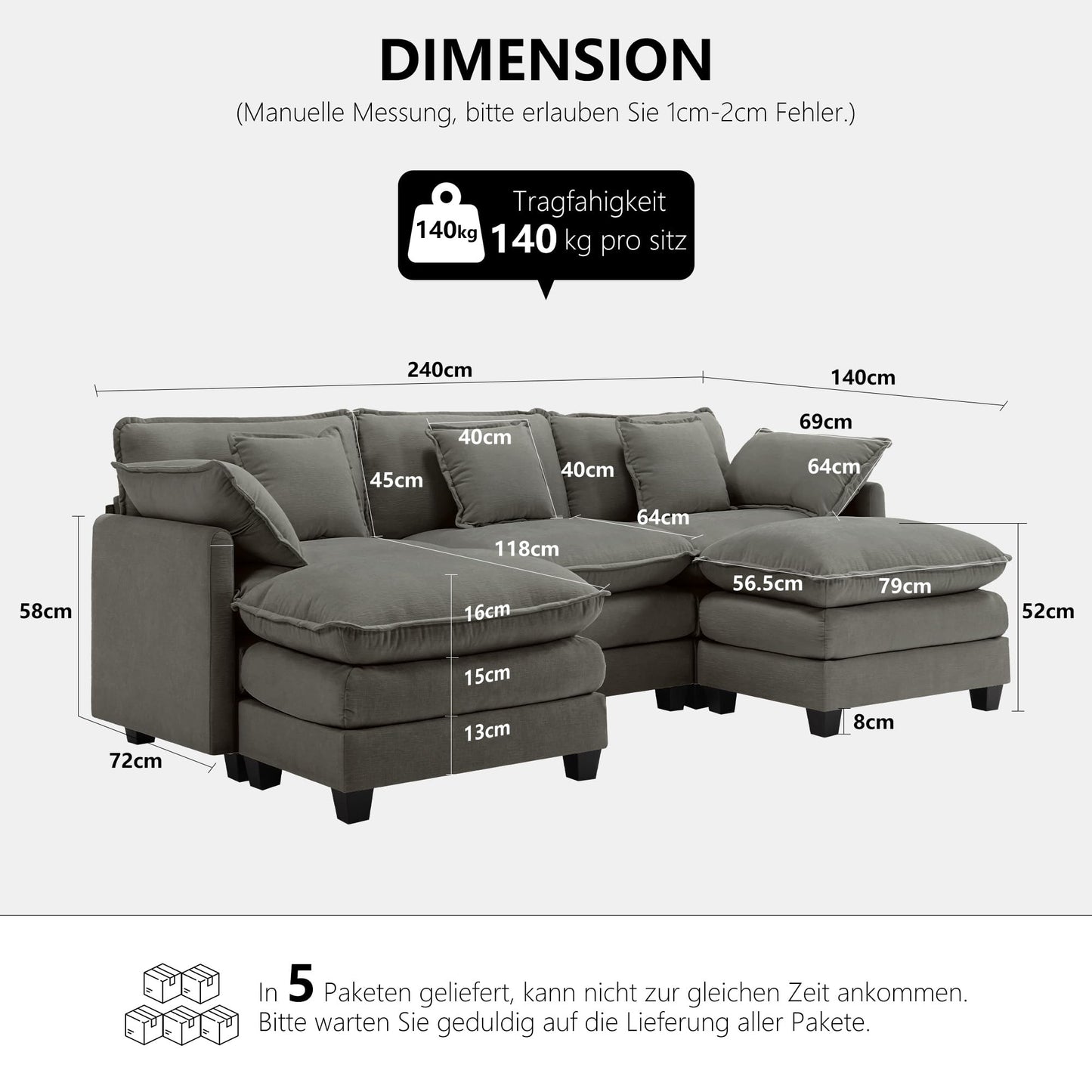 Urhanherry U-Shape Cloud Sofa, Modular Sectional Sofa, 6-Seater with 2 Ottomans, Modern Sofa with Decorative Cushions/Armrests, Breathable Chenille Fabric, U Sofa Couch for Living Room, Beige