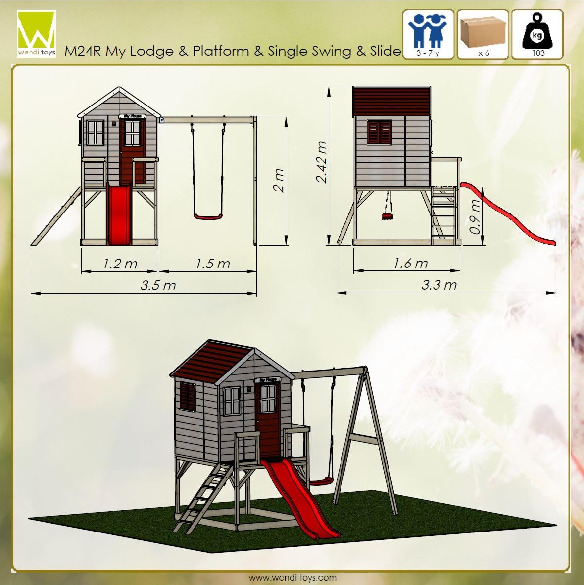 Wendi Toys M24G Children's Outdoor Stilt House with Slide and Swing, 330 x 350 x 242 cm, Grey, FSC Wood, Playhouse Children Outdoor with Swing & Plastic Slide for Garden, Playground for Garden