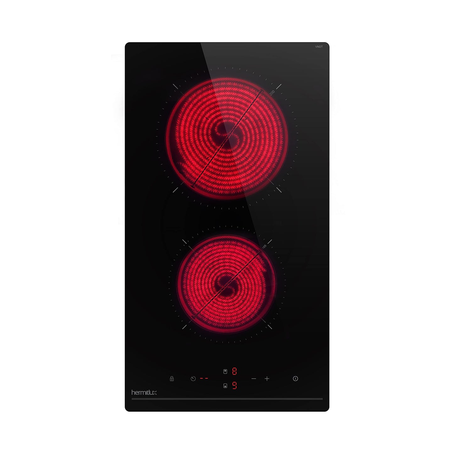 Hermitlux kochfeld 28,8cm, Glaskeramik Kochfeld 2 Platten, 9 Leistungsstufen, Touch-Steuerung, Timer, Kindersicherung, Geeignet für Alle Töpfe, 3300W