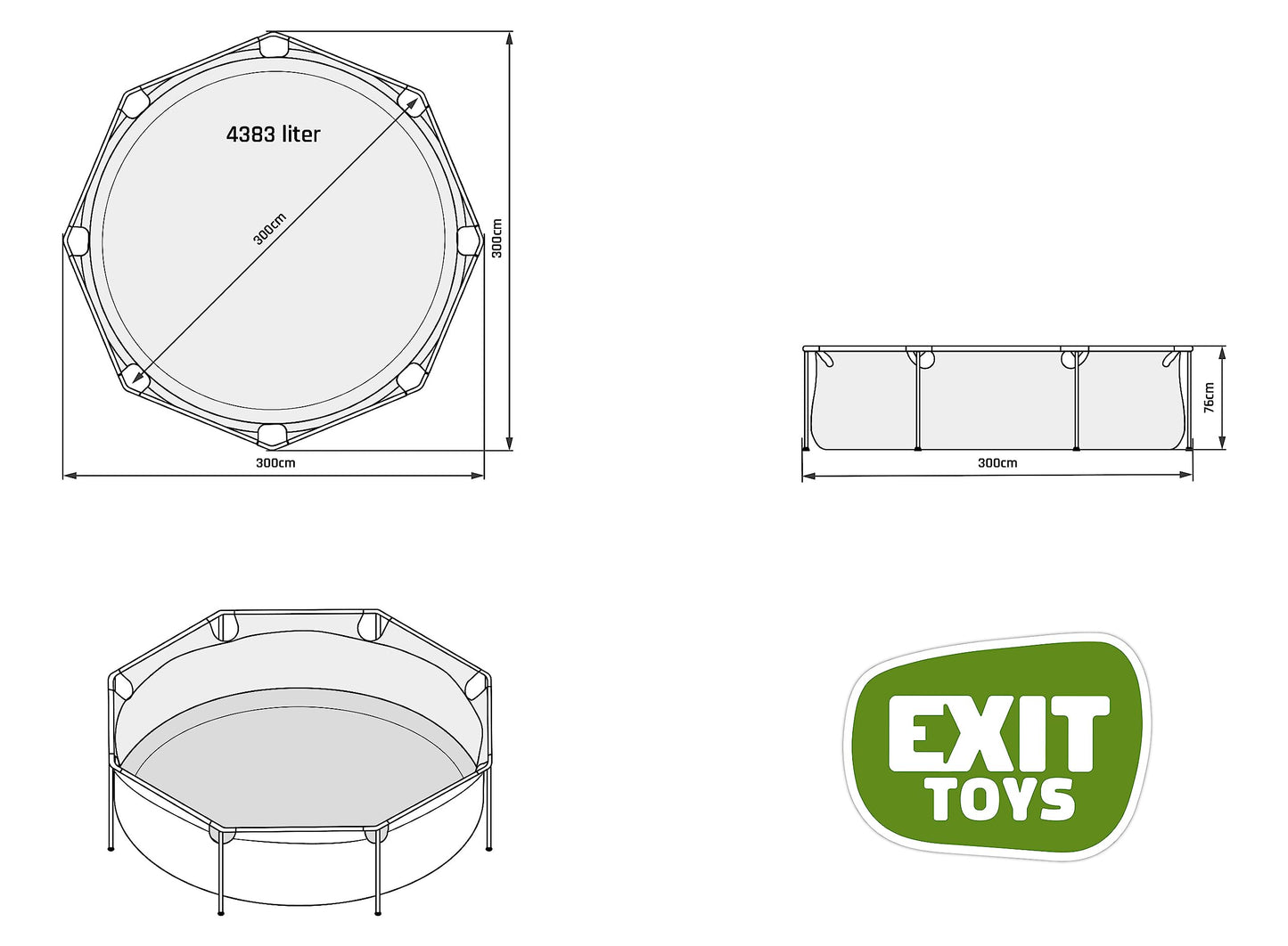 EXIT Toys Soft Grey Pool - 300x200x65cm - Rechteckiger, Kompakter Rahmenpool mit Kartuschenfilterpumpe - Leicht Zugänglich - Für Kleinkinder Geeignet - Starker Rahmen - Einzigartiges Design - Grau