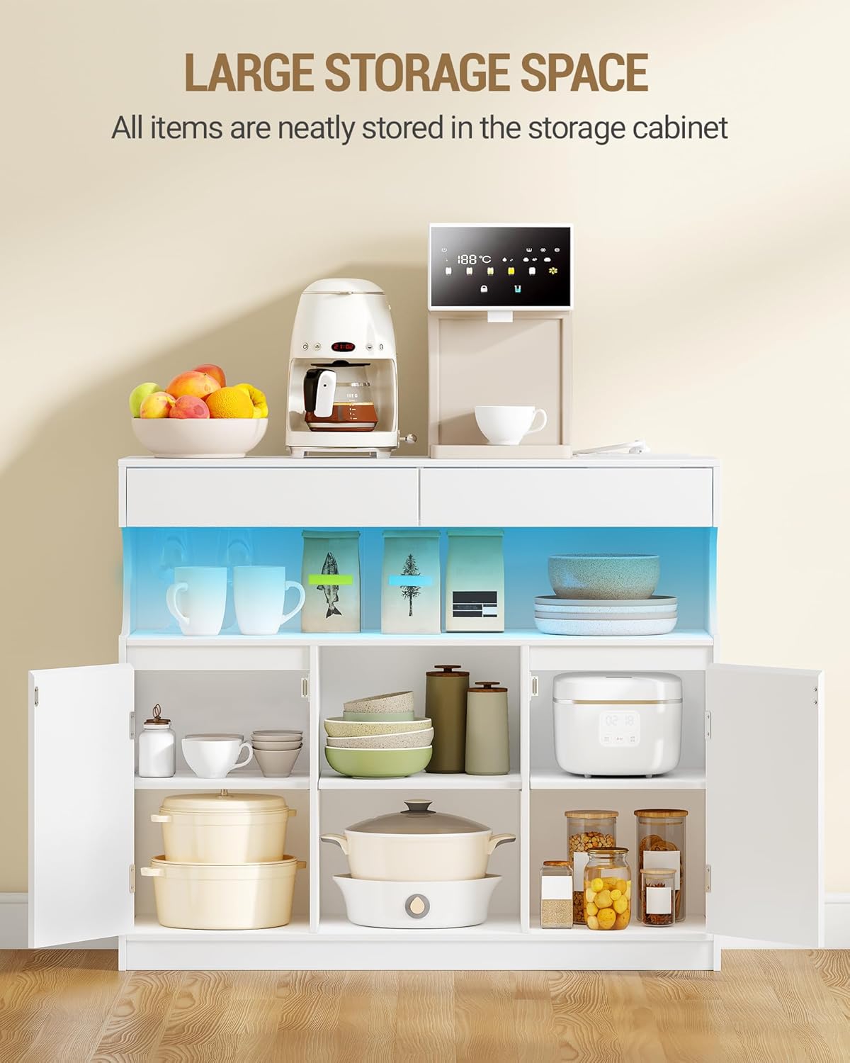 Hzuaneri SC64903X Sideboard, Kitchen Cabinet with Power Strip and LED Light, Storage Cabinet, 2 Drawers and 2 Doors, Adjustable Shelves, Buffet Cabinet, Dining Room, Kitchen, 35 x 100 x 85 cm, White