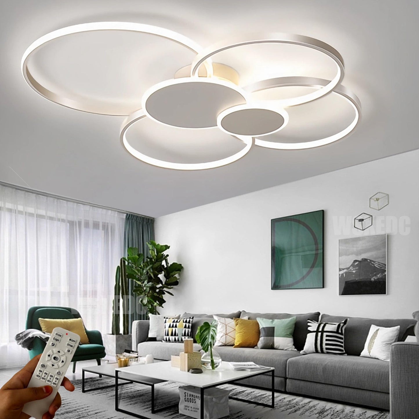 Dimmbare LED 6 Ring Wohnzimmerleuchte LED-Deckenleuchte moderne kreative Deckenbeleuchtung Innenbeleuchtung für die Augenpflege Für Schlafzimmer Büro Esszimmer Jugendzimmer (Weiß, L80cm 71W)