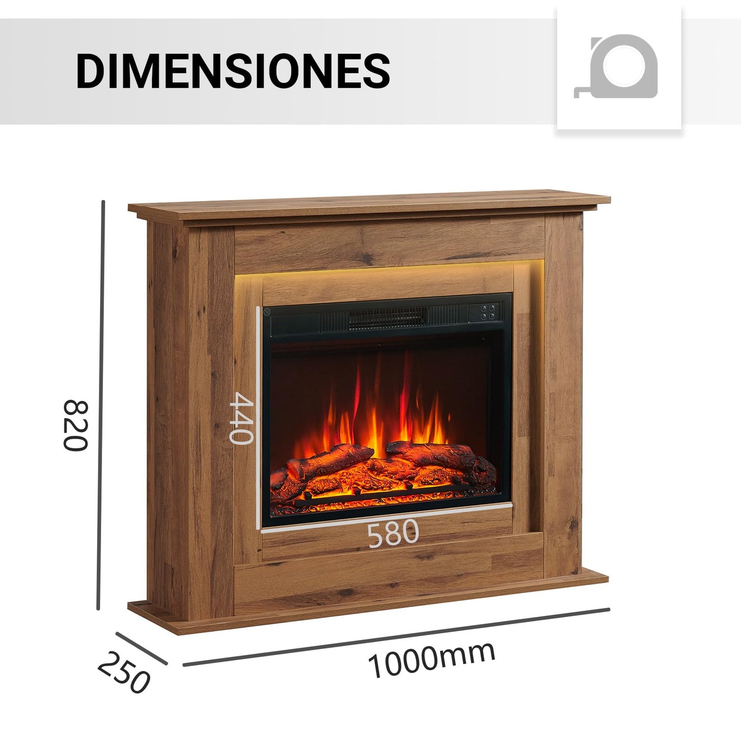 BALDERIA Finn Electric Fireplace, Electric Standing Fireplace, 3D Flame Effect, LED Ambient Lighting, Heating 2000 W, Timer, Thermostat, Start Control, Open Window Battery, Remote Control, Dark Oak