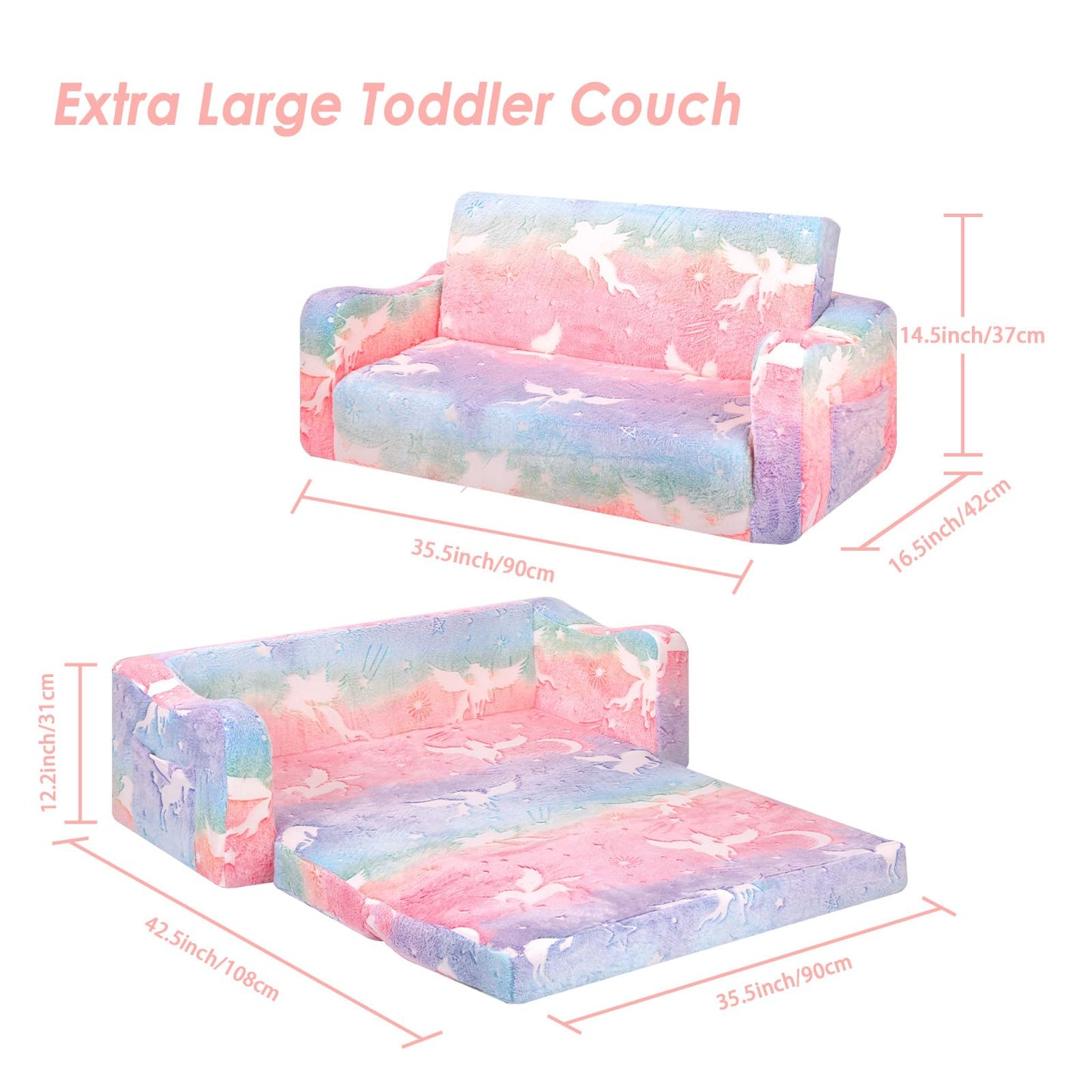 Children's Sofa Fold-Out 2-in-1, Extra Large Children's Sofa Glows in the Dark with Sleep Function, Children's Chair for Children's Room, Playroom, Astronauts