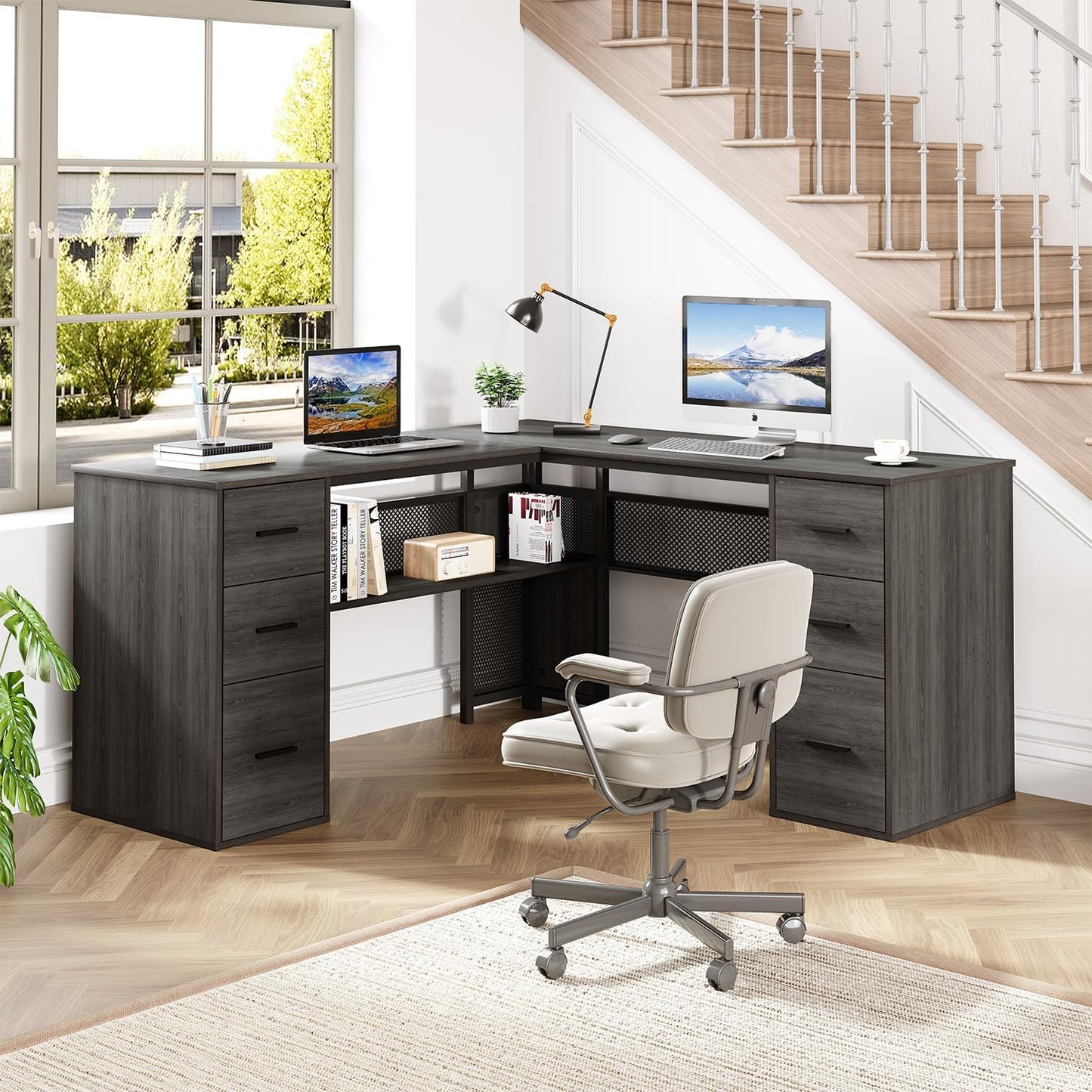 HSH - Black L Shape Corner Desk with Filing Drawers and Shelves, Reversible Corner Desk Made of Metal and Wood with Storage Cabinets