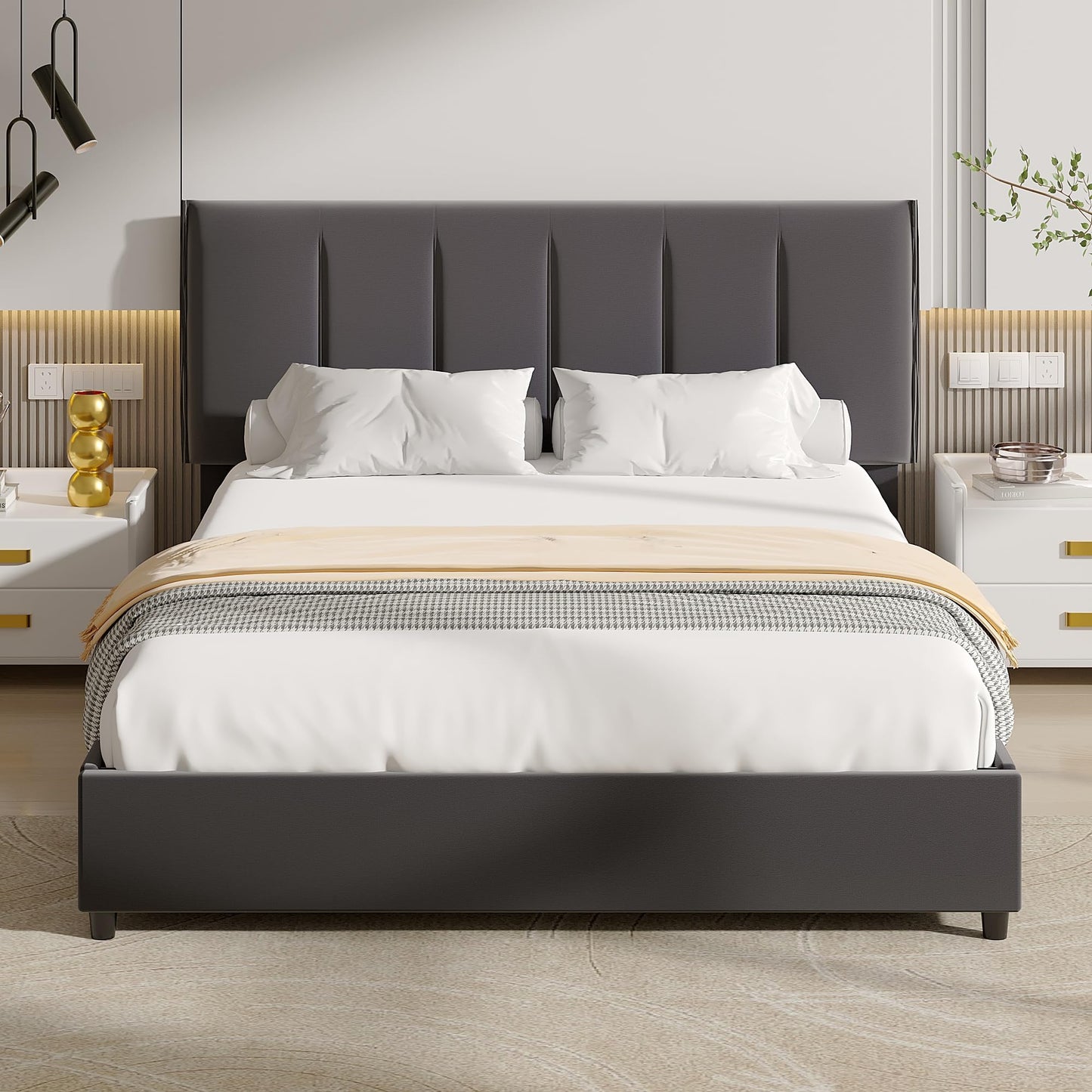 VECELO Upholstered Bed 140 x 200 cm Double Bed with 4 Storage Drawers and Height-Adjustable Headboard, Padded Bed Frame with Slatted Frame and Storage Space, Velvet, Without Mattress, Grey