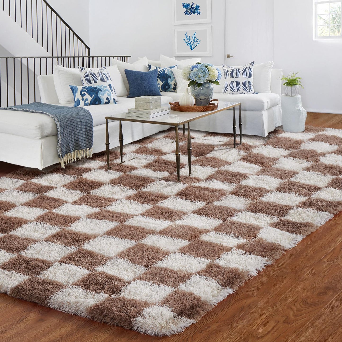 BYBSRLL Checked Rug Pink and White 120 x 180 cm High Pile Soft Fluffy Cuddly Rug Washable Rug Living Room Bedroom Children's Room Girls Non-Slip Rugs for Living Room