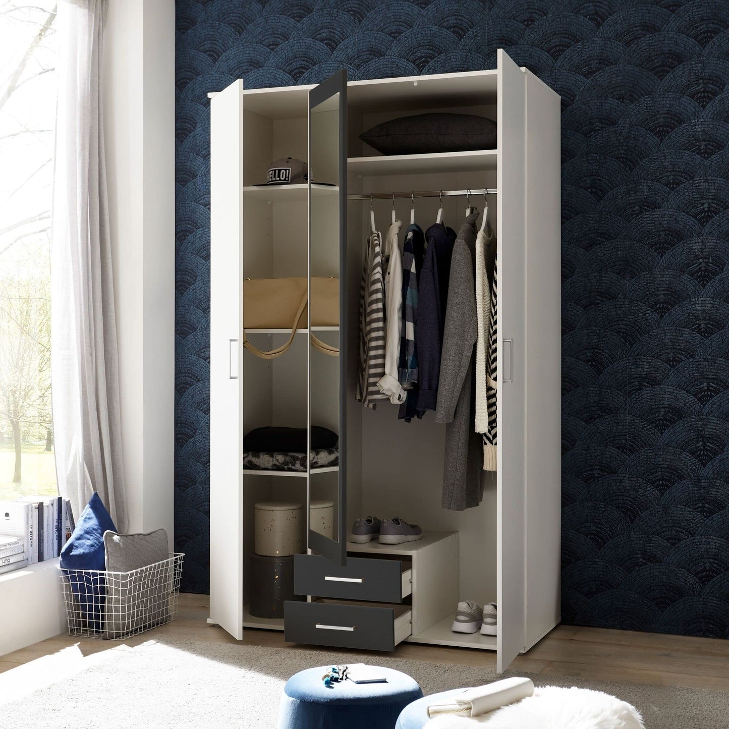 Stella Trading HANAU Wardrobe with Mirror Door in White, Graphite, Versatile Hinged Door Cupboard, 4 Doors for Your Bedroom, 160 x 196 x 54 cm (W x H x D)