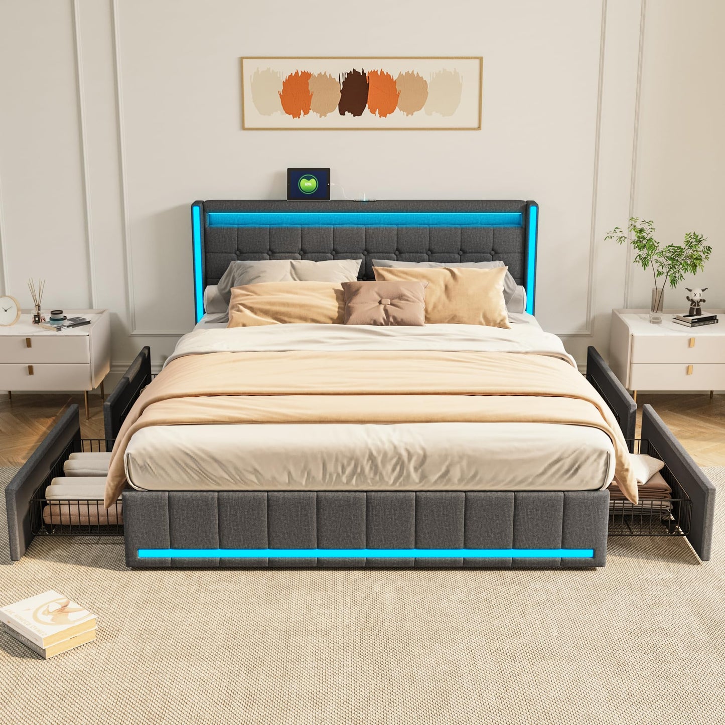 WOBOPCG Upholstered Double Bed 140 x 200, Hydraulic Storage Bed with Slatted Bases, Double Bed with Storage Space, Functional Bed with Storage Space (Grey + Flannel, 140 x 200)
