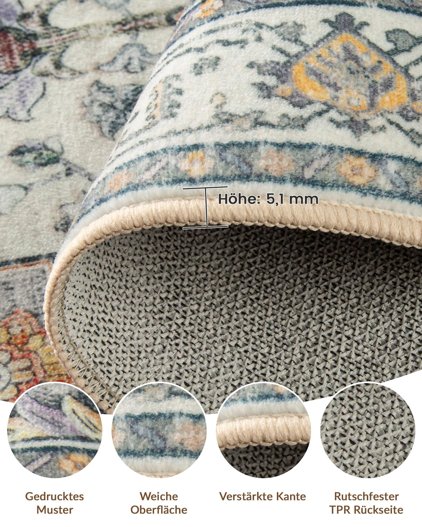 INOVADAY Vintage Waschbarer Teppich Wohnzimmer 90x150 cm Boho Kurzflor rutschfest Teppich Weich Teppiche mit Druckmuster für Schlafzimmer, Esszimmer, Büro Beige/Blau/Orange