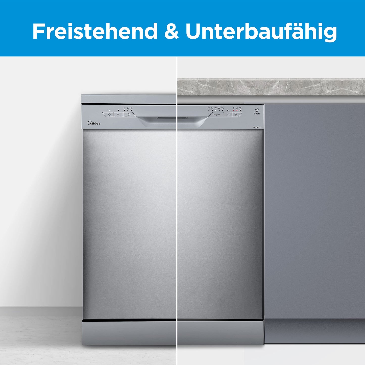Midea MDWEU1435XSS-W Dishwasher, Integrated, 14 Place Settings, 60 cm, Partially Integrated with WiFi, Extra Drying, 7 Programmes, 47 dB, 0-24 Hours Start Time Delay, Stainless Steel