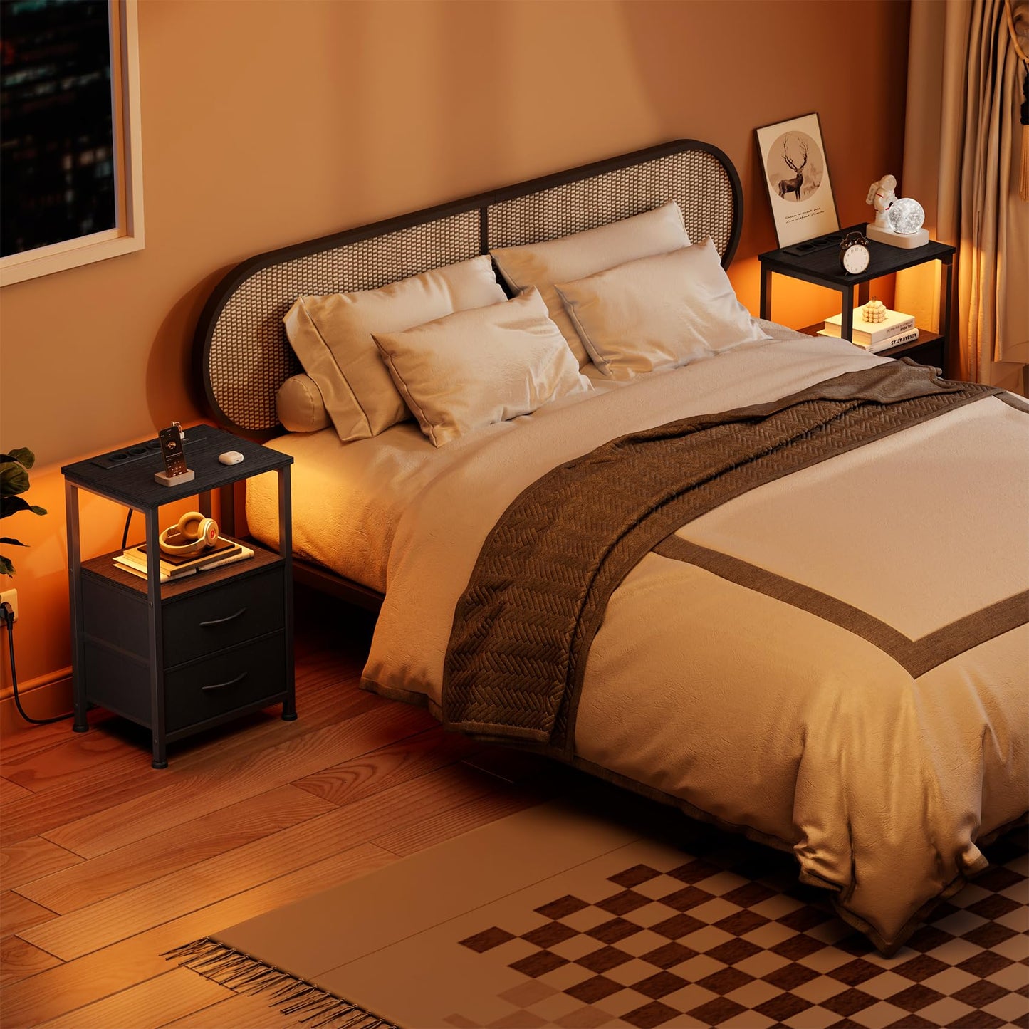 Bedside Table with LED & Charging Function, Side Table with Drawer, Bedside Tables with 3 AC Ports & 2 USB Ports, Side Tables for Living Room, Bedroom, White