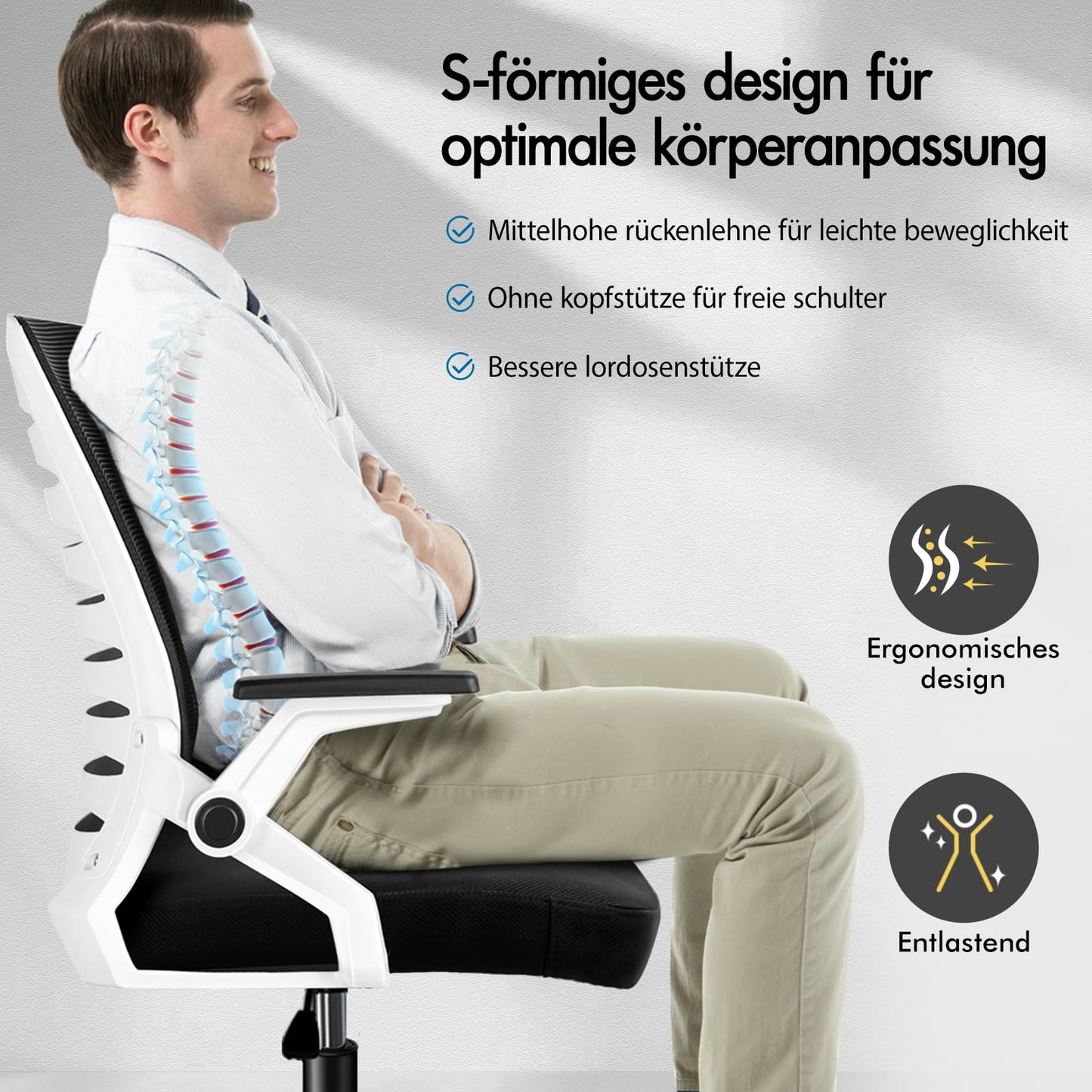 ALFORDSON Bürostuhl, Lendenstütze, Atmungsaktives Netz und Stoff, Hochklappbare/Verstellbare Armlehnen, Hochwertiger Schaumstoff, 180kg für Zuhause & Gaming, Wale, Schwarz