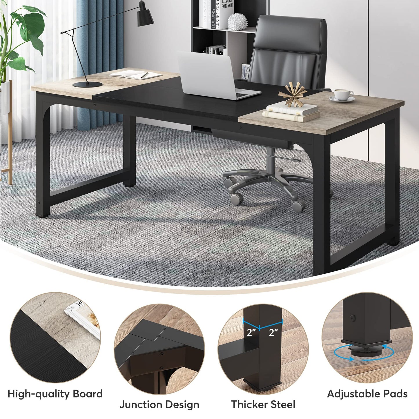 Tribesigns Schreibtisch Computertisch, PC Tisch Bürotisch Arbeitstisch Esstisch in Schwarz für Home Office zu Hause Schreibtische, Konferenztisch (Rustikales Braun/Schwarz, 180 x 80 x 75 cm)