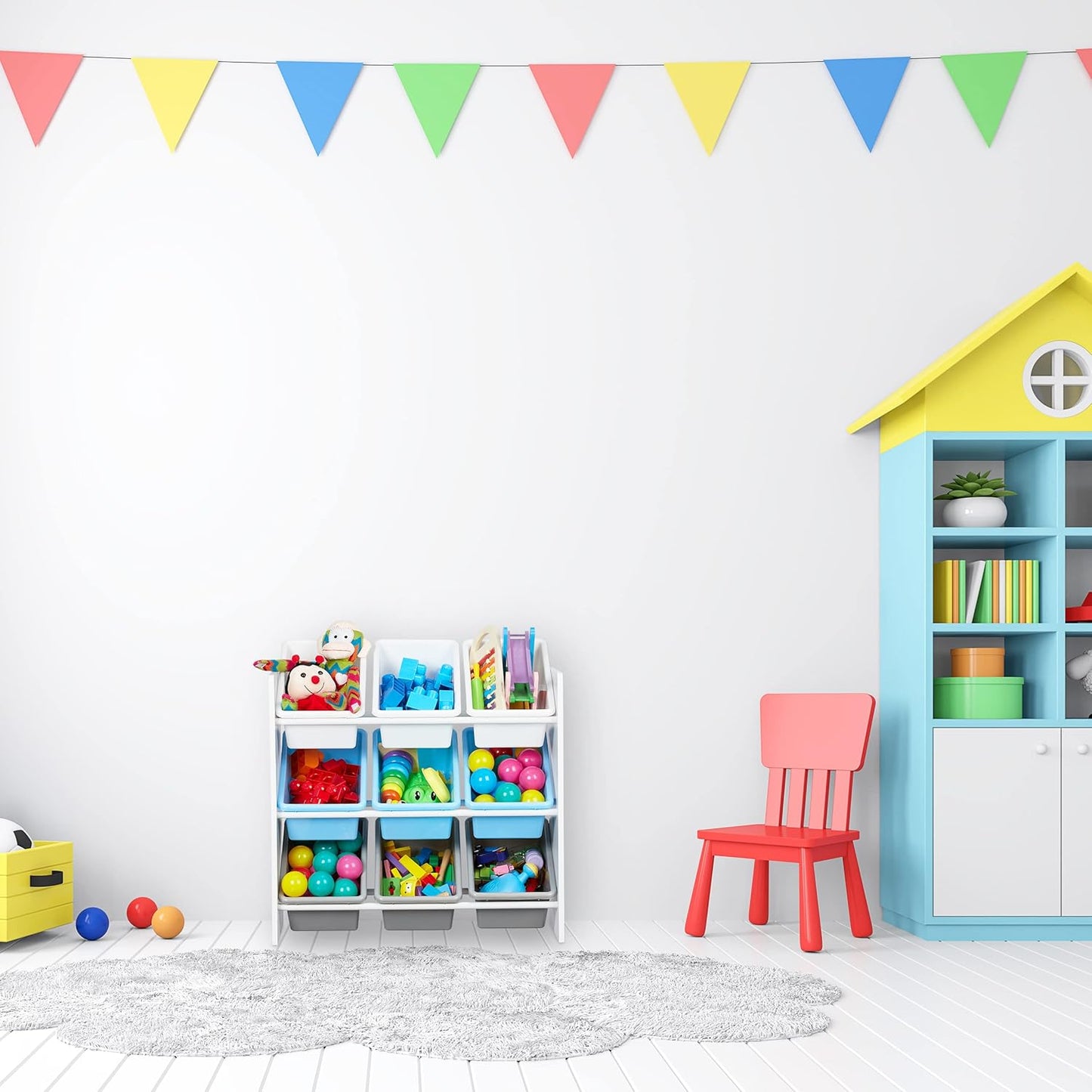 Relaxdays Children's Shelf, 9 Storage Boxes, Mermaid Motif, MDF, Plastic, Toy Shelf, Height 67 x 65 x 31.5 cm, Colourful