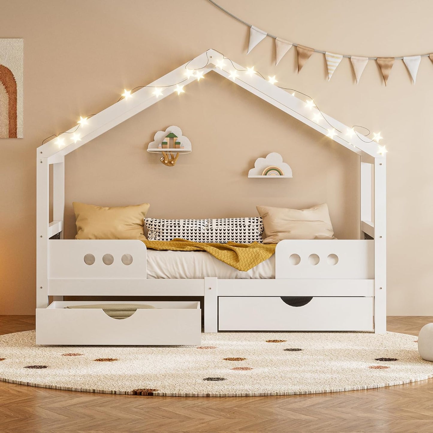 Merax Children's Bed 90 x 200 cm with Fall Protection, Children's House Bed with Drawers and Storage Shelf, Sturdy Wooden Tree House Bed with Slatted Frame, Play Bed for Boys and Girls, White