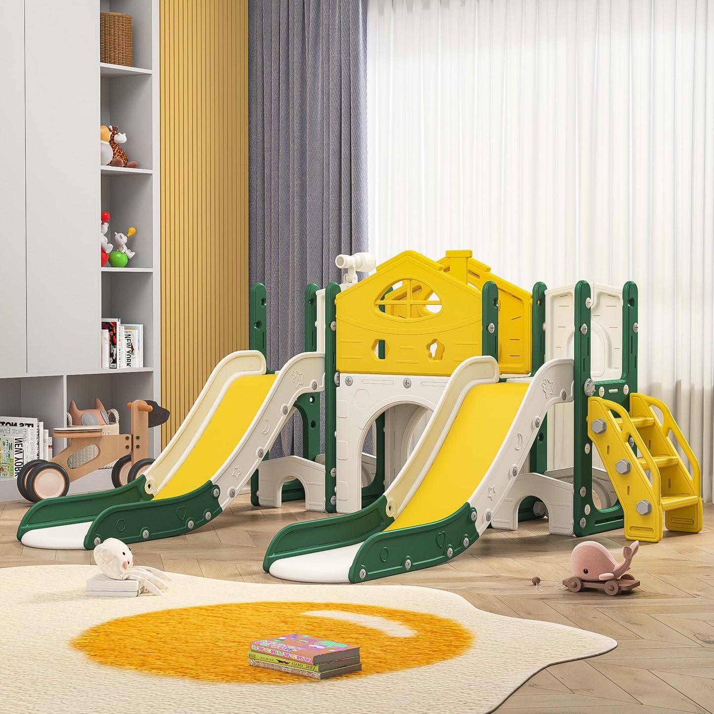 DADEA 6 in 1 Kinderrutsche mit Korb, Rutsche und Schaukel für Kinder im Freien Grün, 150 × 150 × 115 cm, Babyschaukel und Rutsche für Kinder zu Hause Schaukel Kinderrutsche, Grün