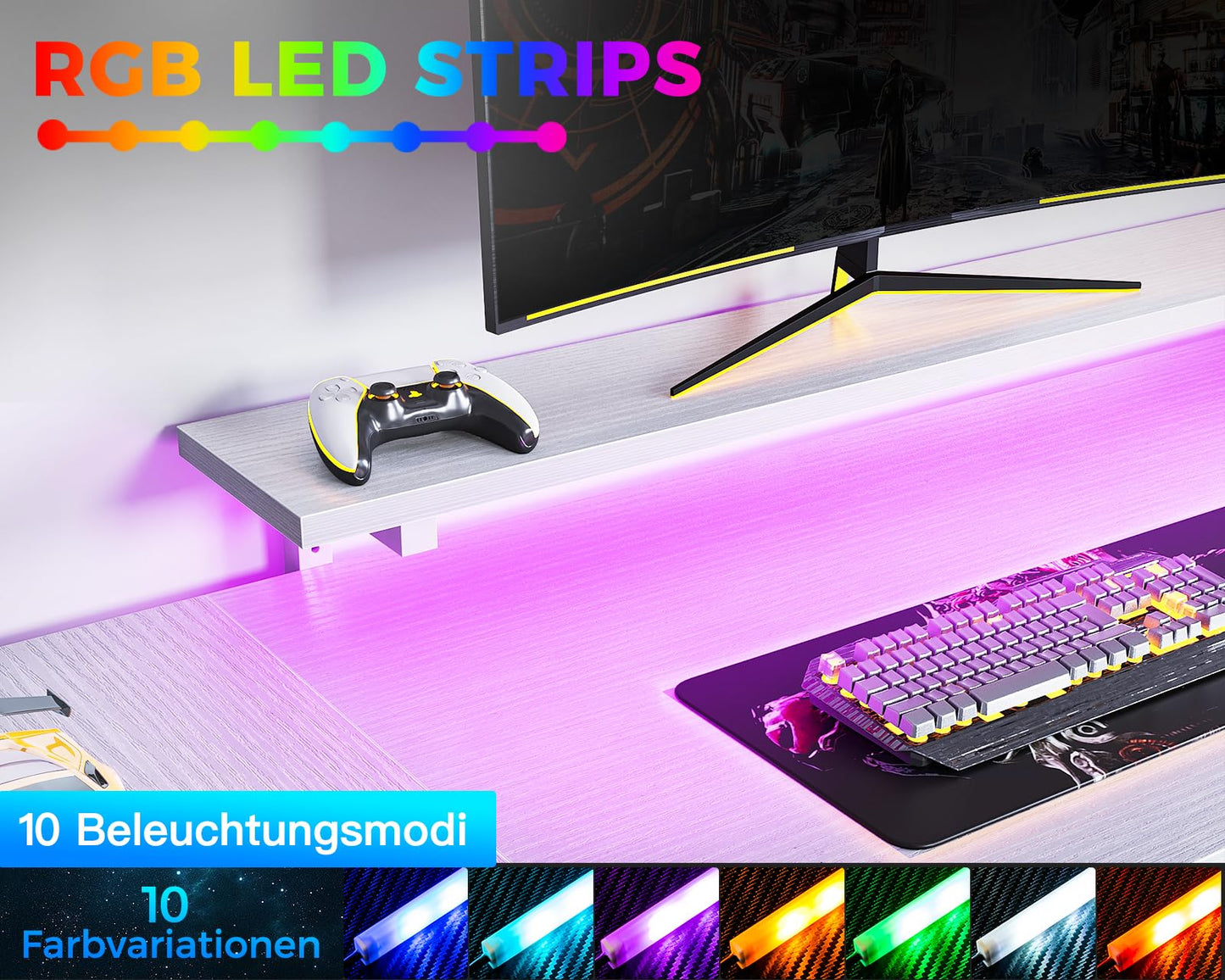 ODK Corner Desk with 4 Drawers and Storage Space, 167 x 102 cm Reversible Corner Desk with 2 Sockets and 2 USB Charging Ports, Gaming Desk with LED and Monitor Stand for Home Office, Black