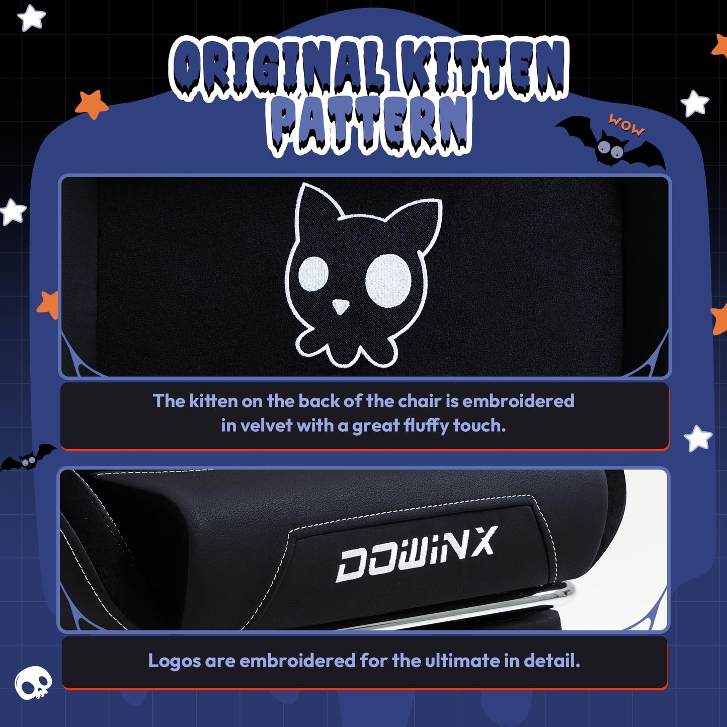 Dowinx Gaming Chair - Cute Cat Edition - Ergonomic Computer Chair with High Back and Lumbar Support, PU Leather, Footrest, Black