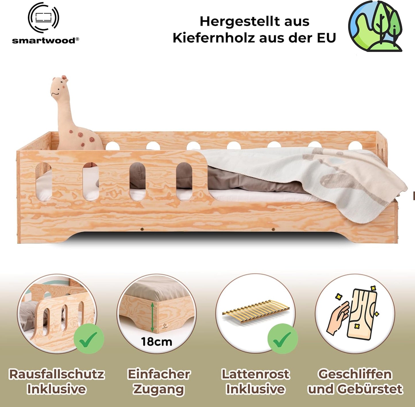 smartwood Kinderbett 80x160 Montessori Bett mit Rausfallschutz & Lattenrost - Kiefernsperrholz mit FSC-Zertifikat - für Jungen und Mädchen - Einfache Montage - TILA 1L