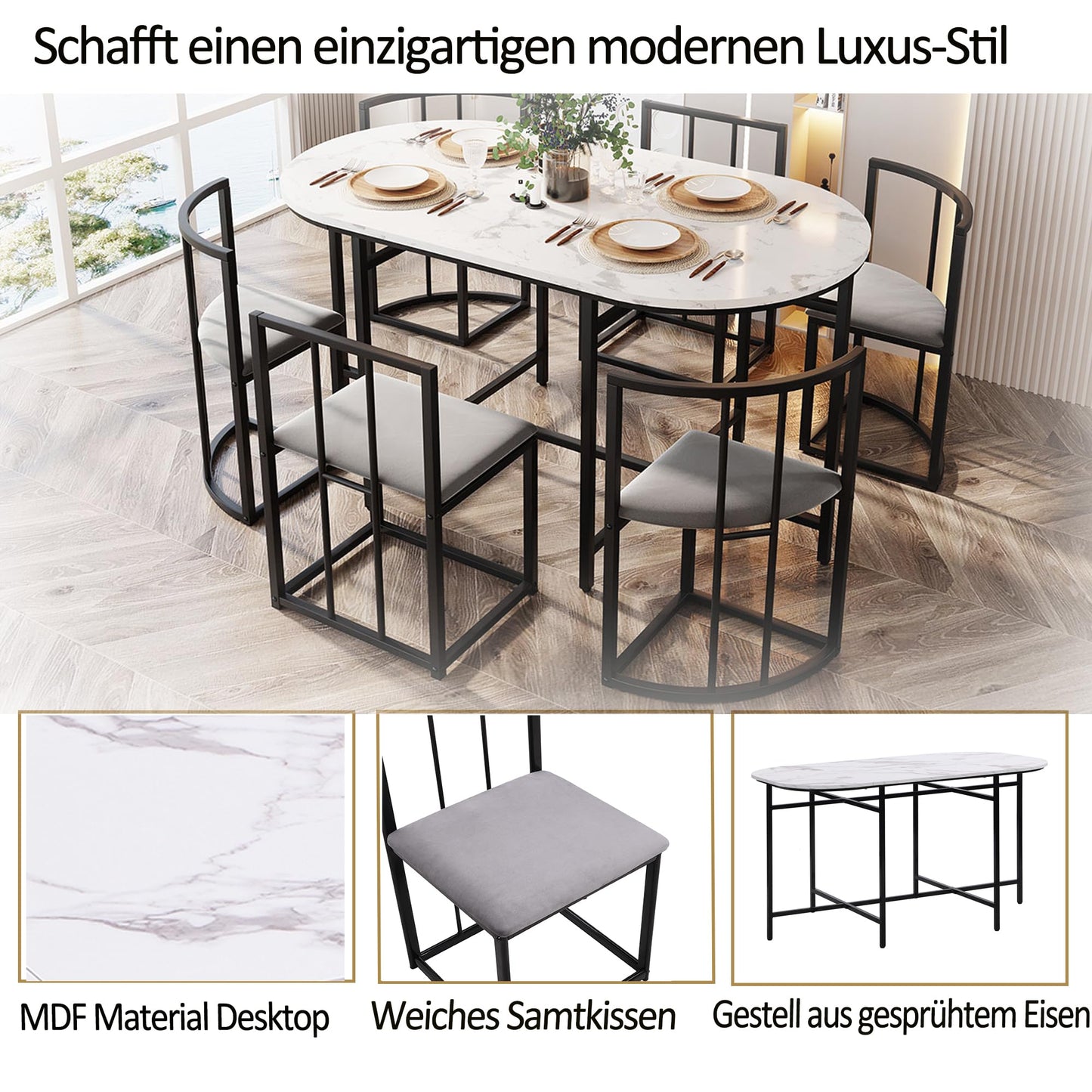 Gegtuon Esstisch 7 teilig für 6 Personen 140x80x76cm, Esstisch Rund mit 6 Stühlen und Tisch, Modern Küchentisch Metallgestell mit Rückenlehne, Essgruppe für Esszimmer Wohnzimmer Küche, Schwarz