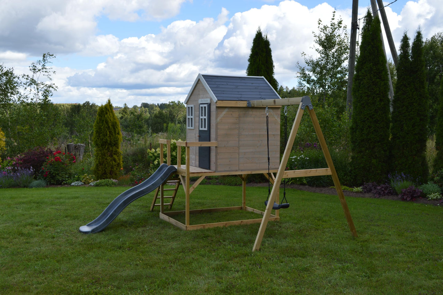 Wendi Toys M24G Children's Outdoor Stilt House with Slide and Swing, 330 x 350 x 242 cm, Grey, FSC Wood, Playhouse Children Outdoor with Swing & Plastic Slide for Garden, Playground for Garden