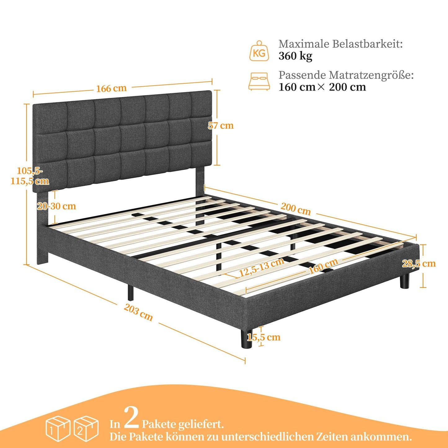 Yaheetech Upholstered Bed 140 x 200 cm Double Bed with Height-Adjustable Headboard, Sturdy Bed Frame, Fabric Bed with Slatted Frame, Padded Bed Frame, Youth Bed, Dark Grey