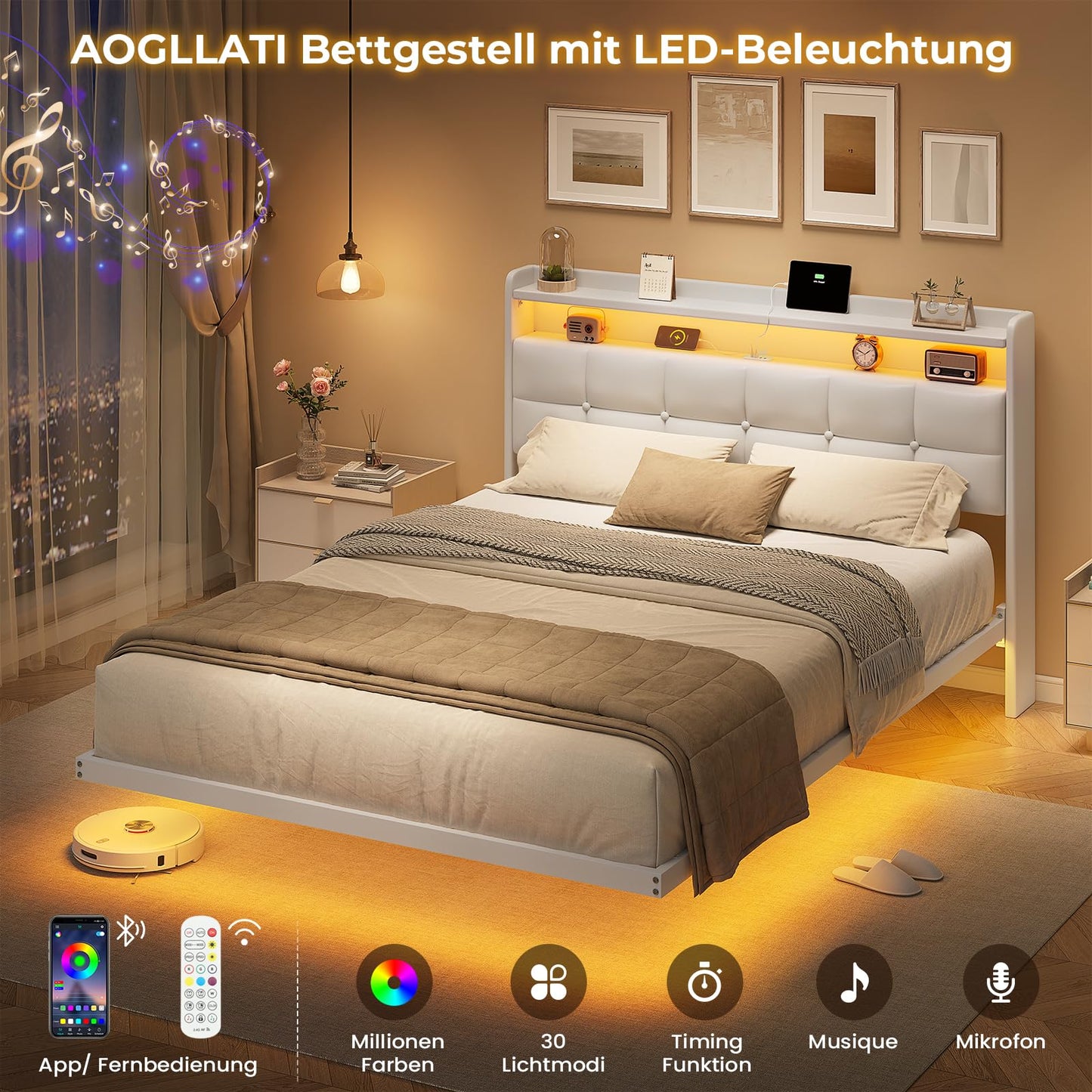 AOGLLATI Upholstered Bed 140 x 200 cm, Double Bed Frame, Bed Frame with LED Lighting and Charging Station, Bed Frame with Headboard, Bed Floating Bed Frame, Metal Bed, Linen, Dark Grey (without