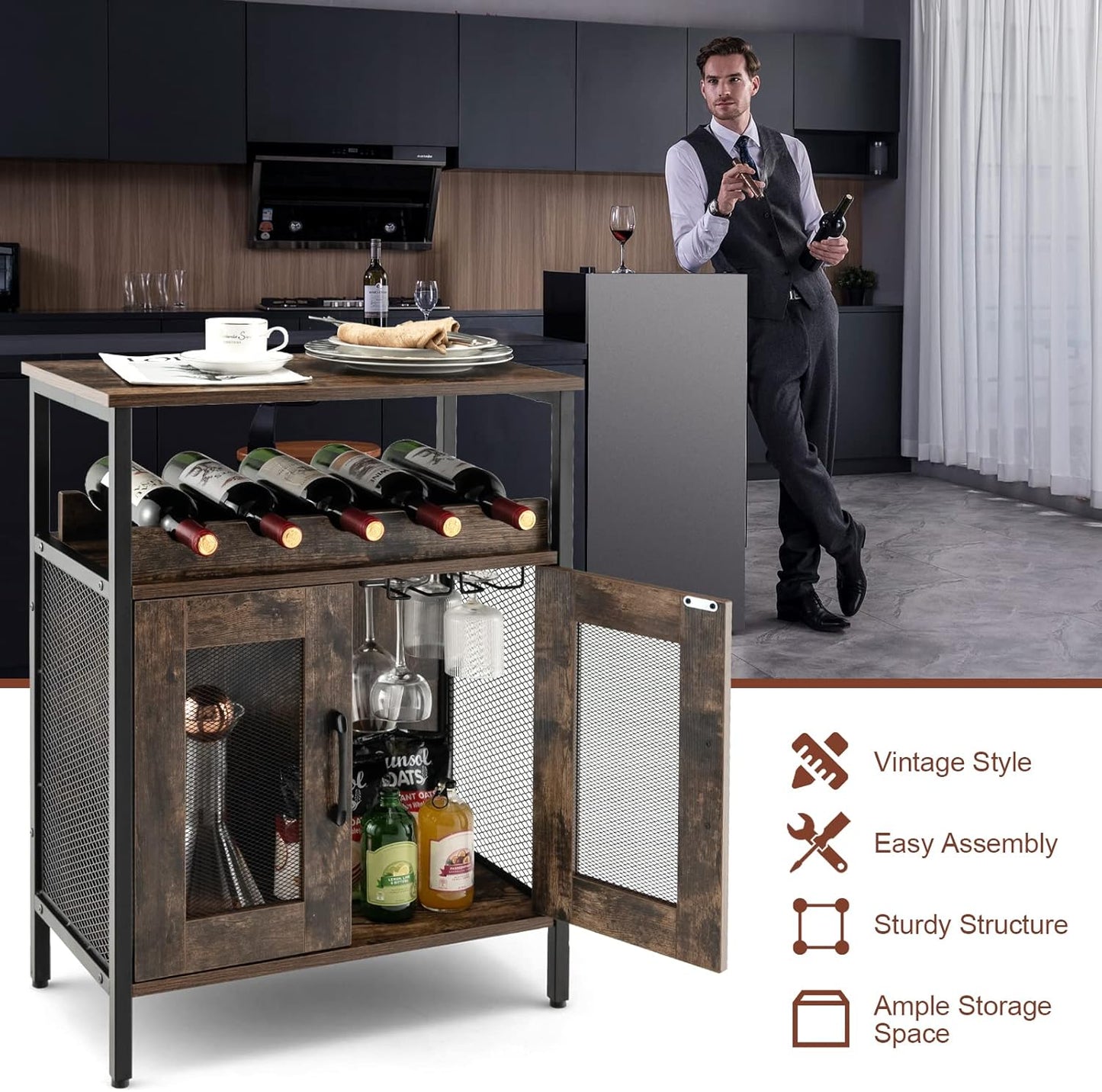 GIANTEX Weinschrank Barschrank Industrial, Weinbarschrank mit abnehmbarem Weinregal & 6 Glashalter, Küche Hausbar Küchenschrank mit Metallgittertüren, Sideboard Flaschenständer Weinständer 60x34x79cm