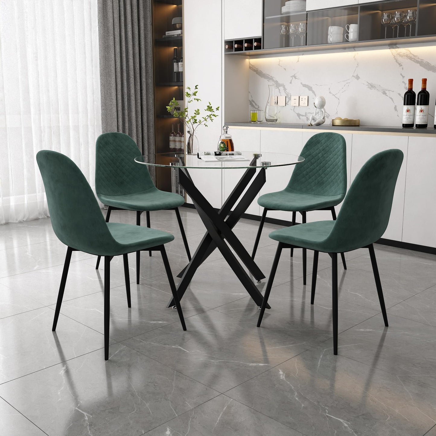 GOLDFAN Dining Table with 4 Chairs Dining Table Round Glass Kitchen Table Dining Room Chair Velvet 80 cm Green